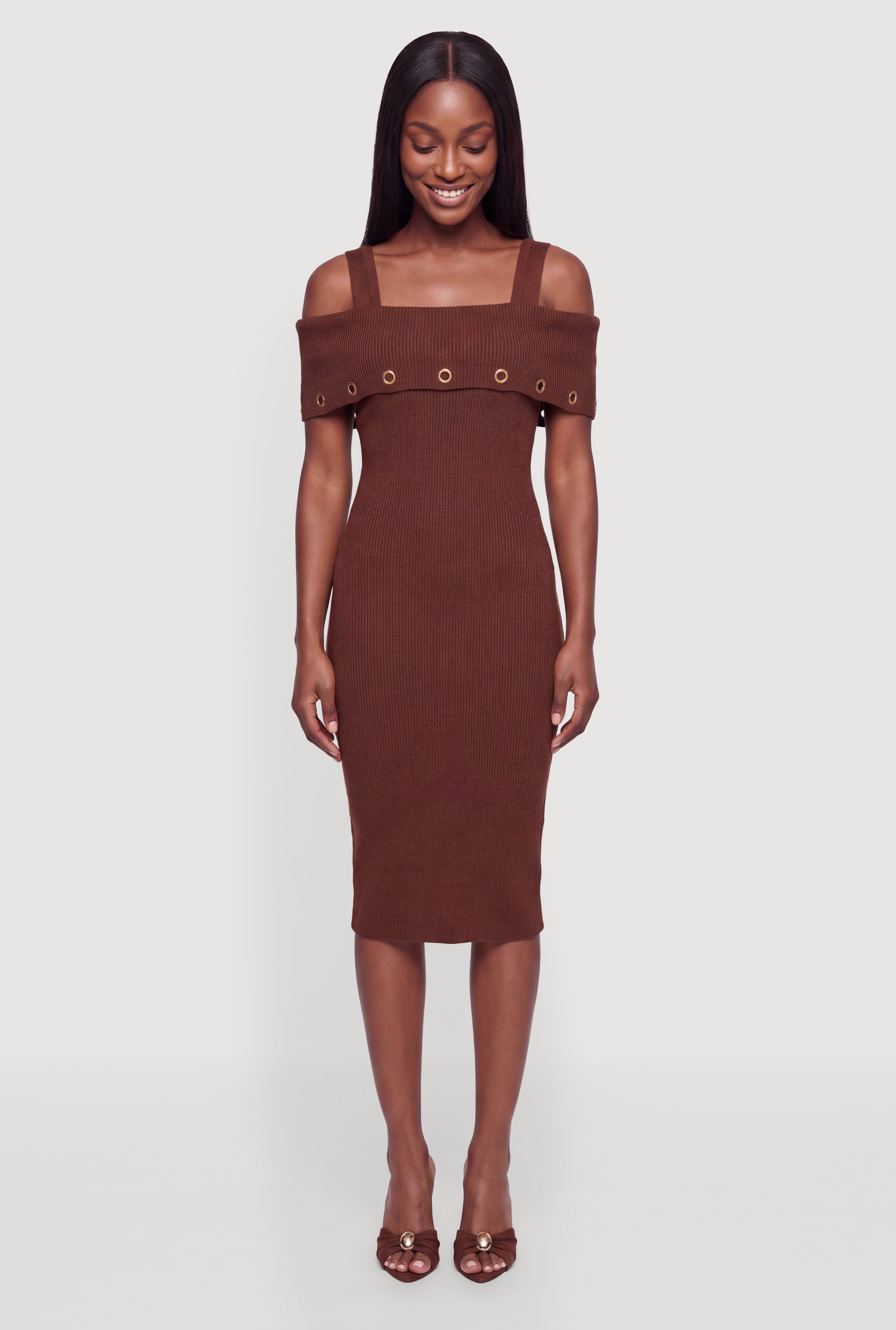 brown ribbed bodycon dress Womens Knit Grommet Trim Cold Shoulder Midi Dress, Brown, Size L making it your go Size:2 years Black Velvet Long Sleeve mini blue dress