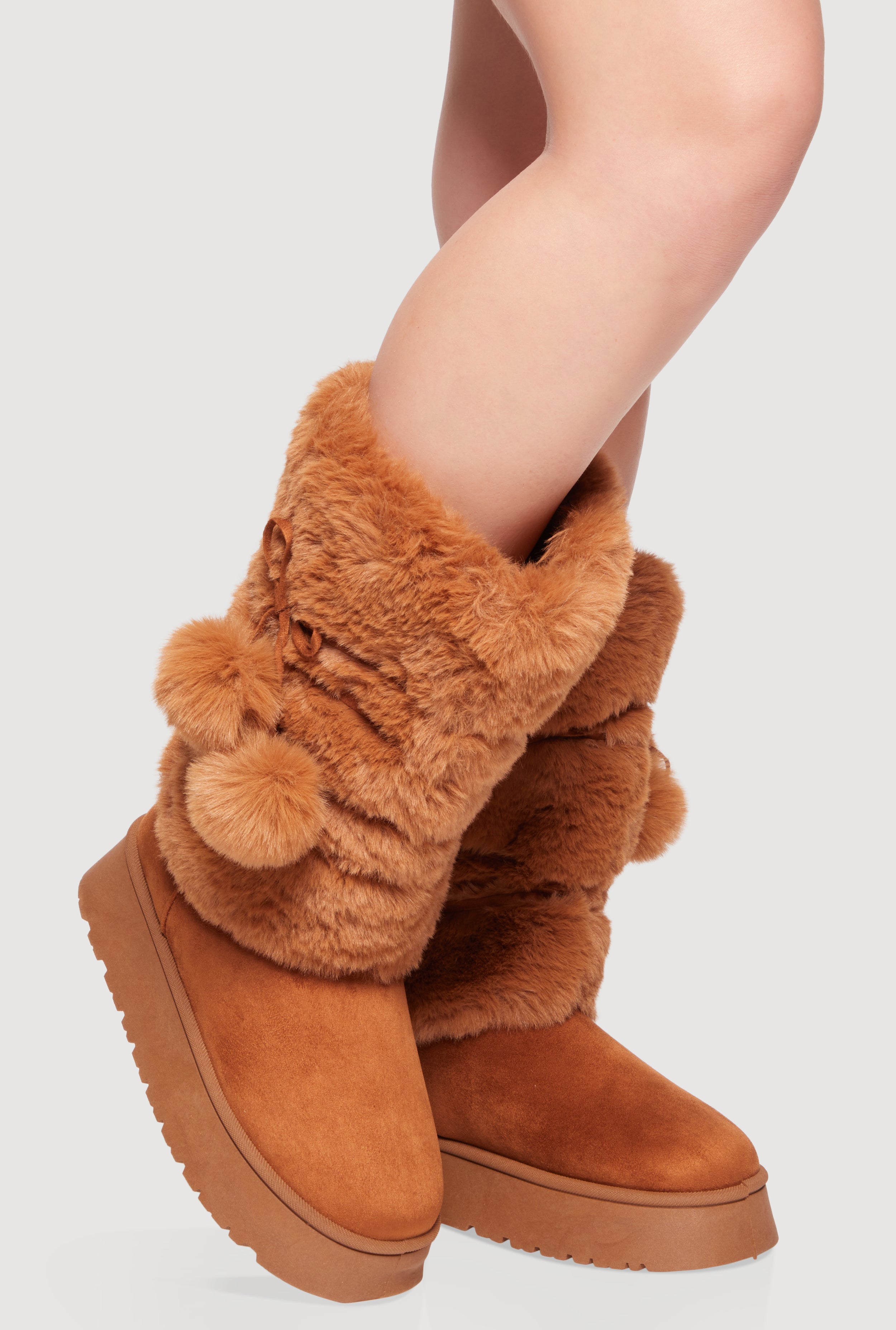Womens Faux Fur Platform Boots with Pom Poms, Tan S, Size 8.5 - Rainbow Shops
