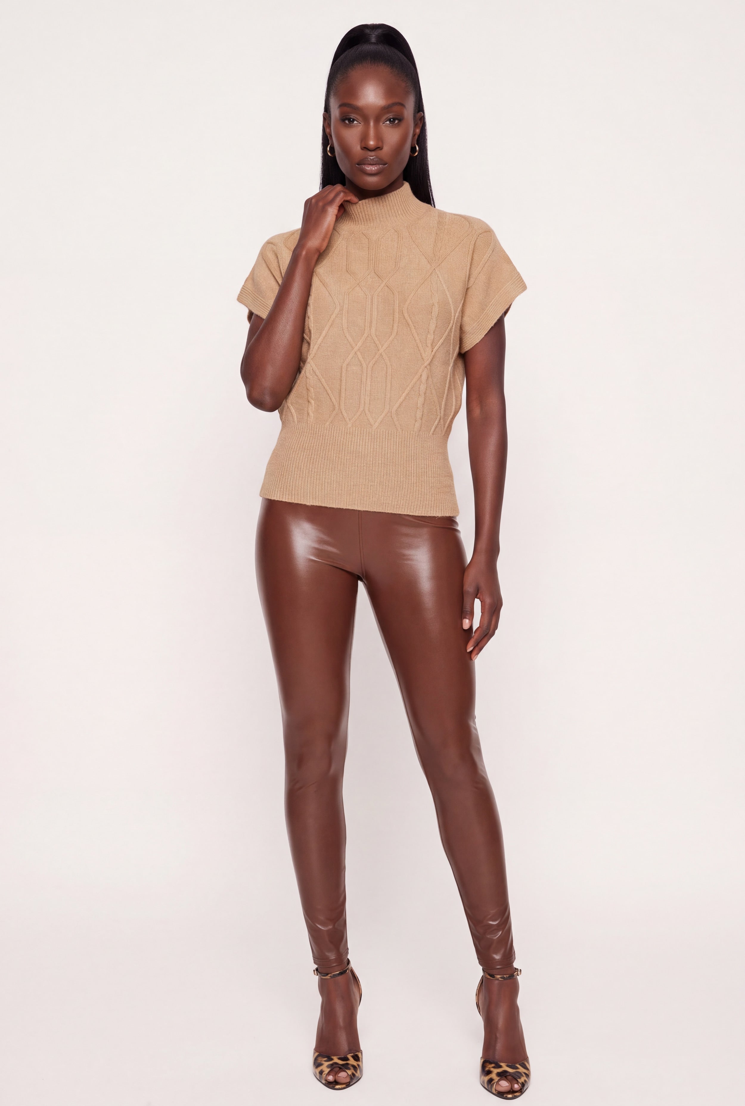 Cable Knit Mock Neck Short Sleeve Sweater