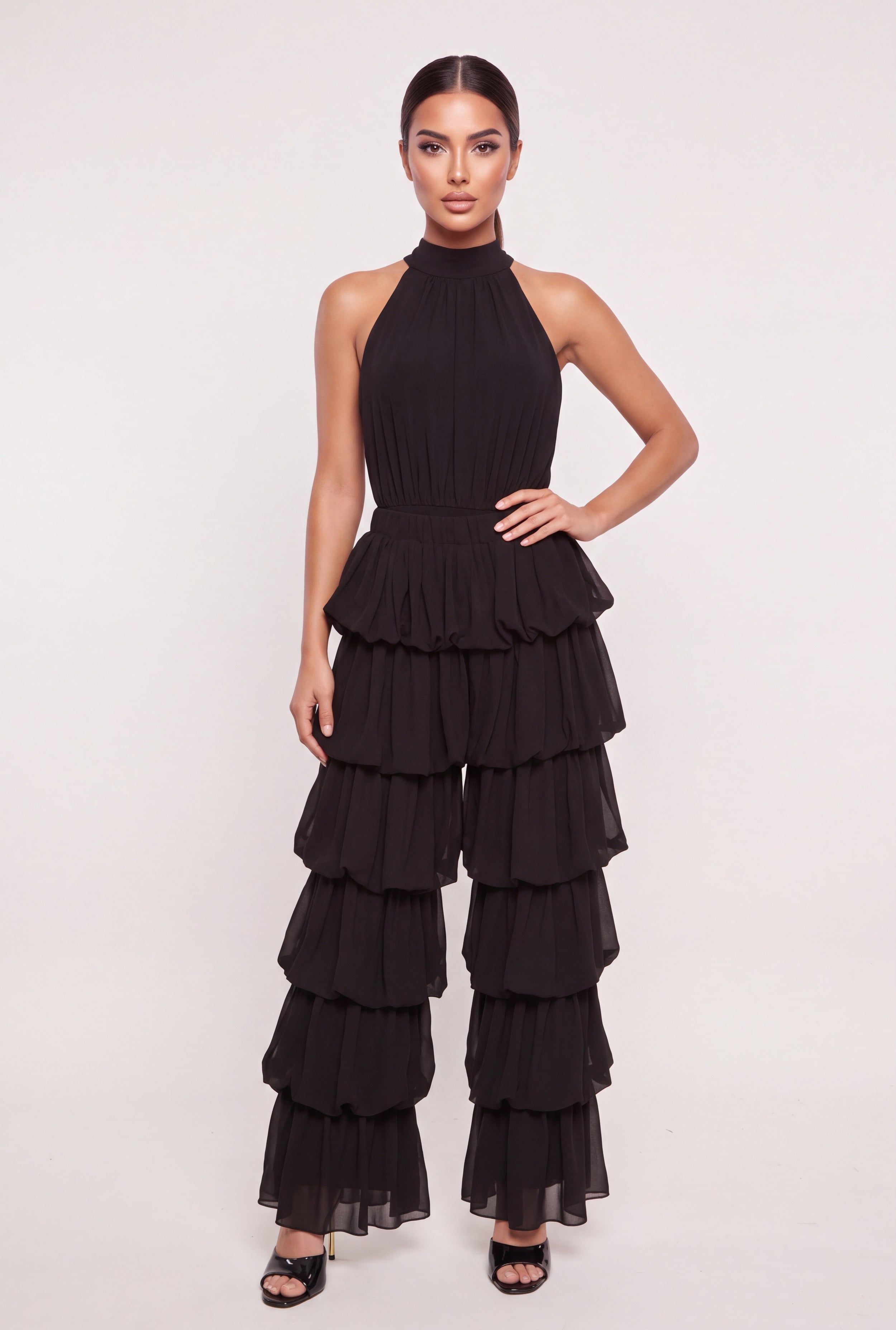 LE’RURE Tiered frill sleeve set up pants High Waisted Ruffle Tiered Pants