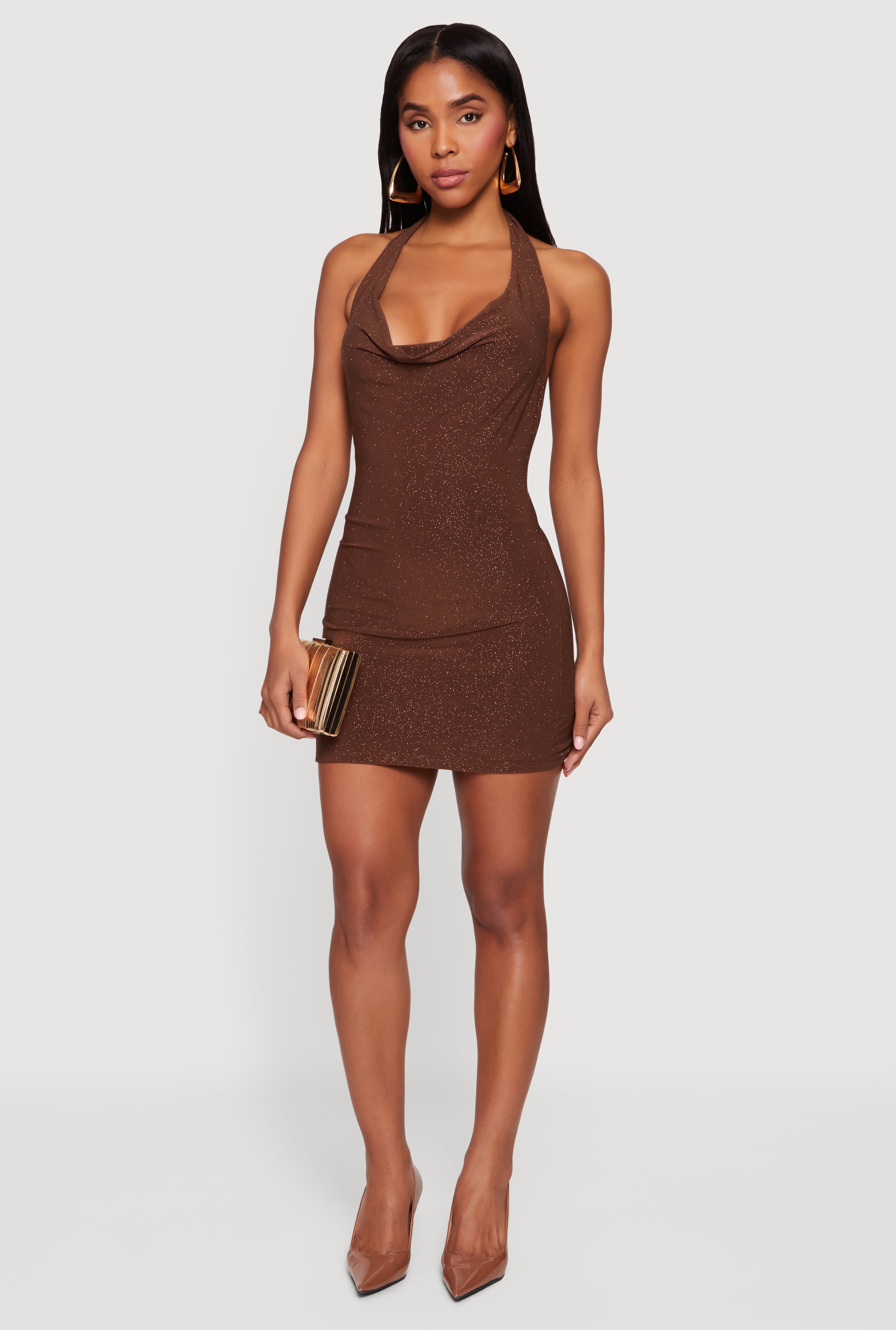 cowl neck halter dress Glittery Cowl Neck Tie Back Halter Dress
