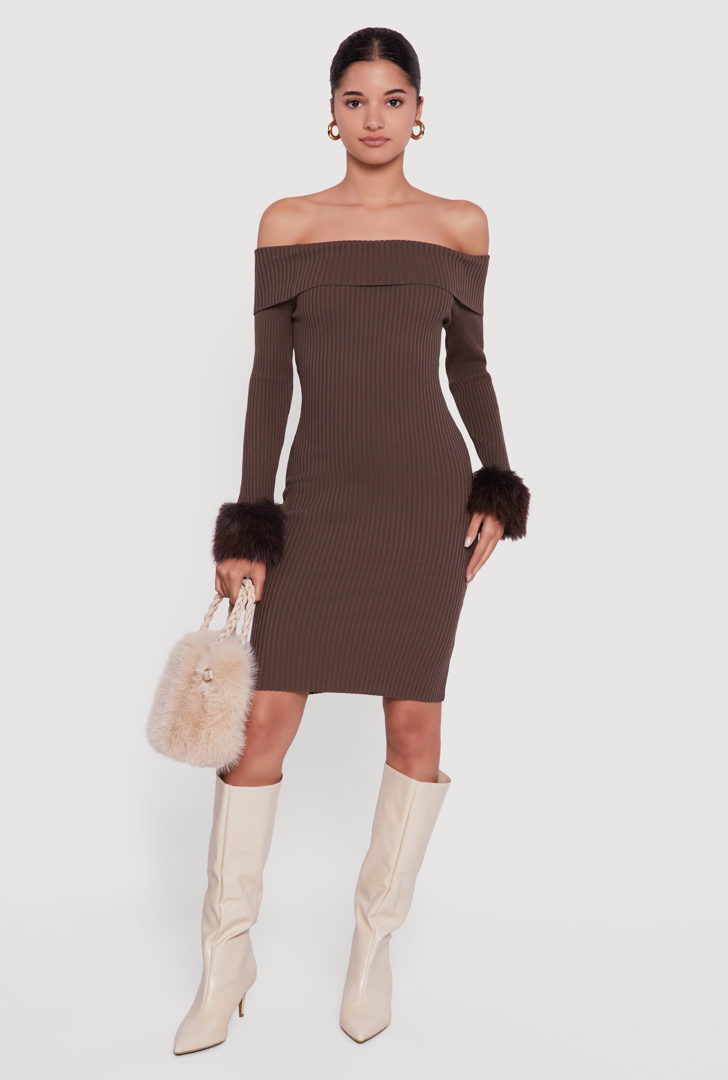 brown off the shoulder sweater dress OFF THE SHOULDER SWEATER DRESS main image 0