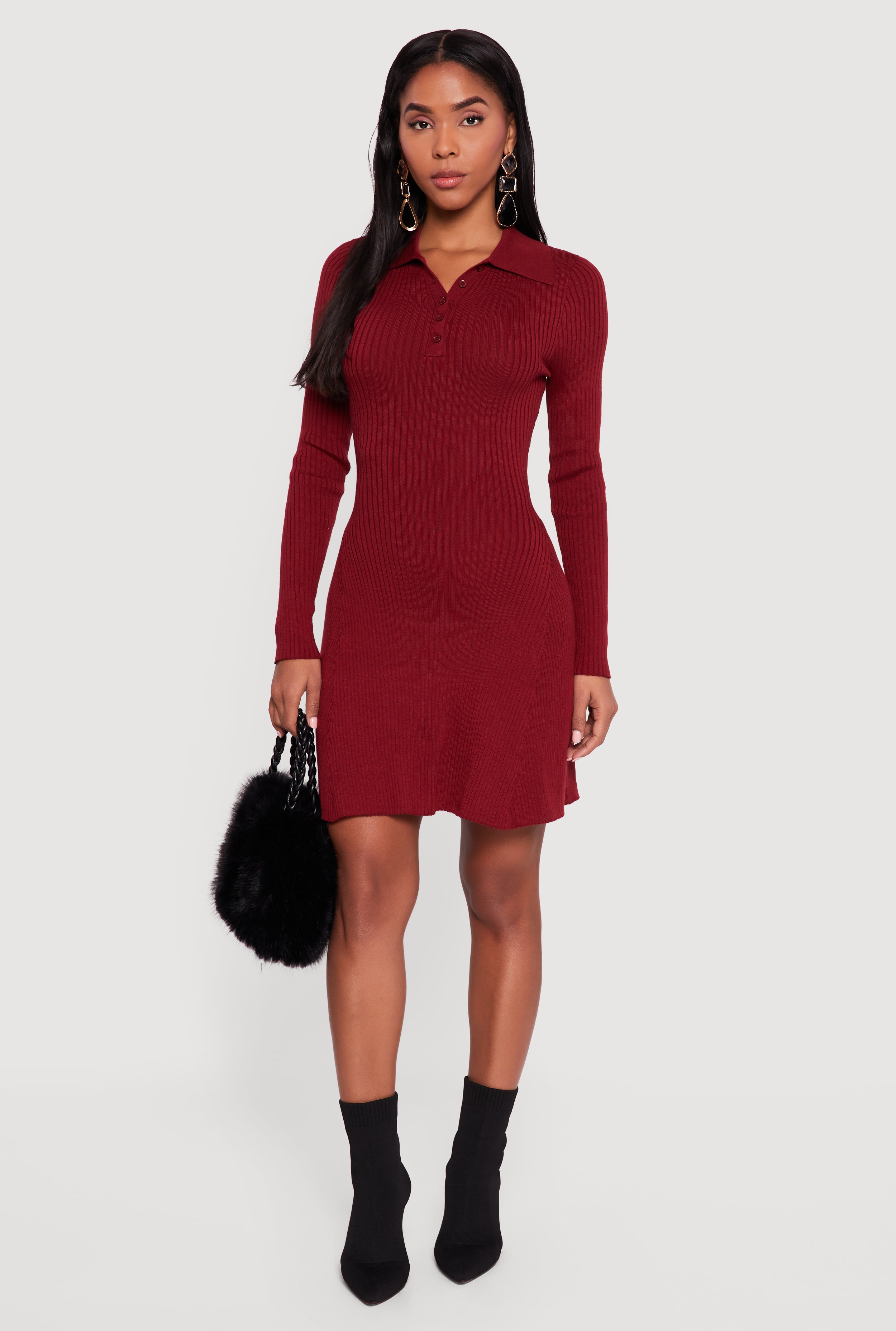 Womens Rib Knit Long Sleeve Polo Sweater Dress, Wine, Size M