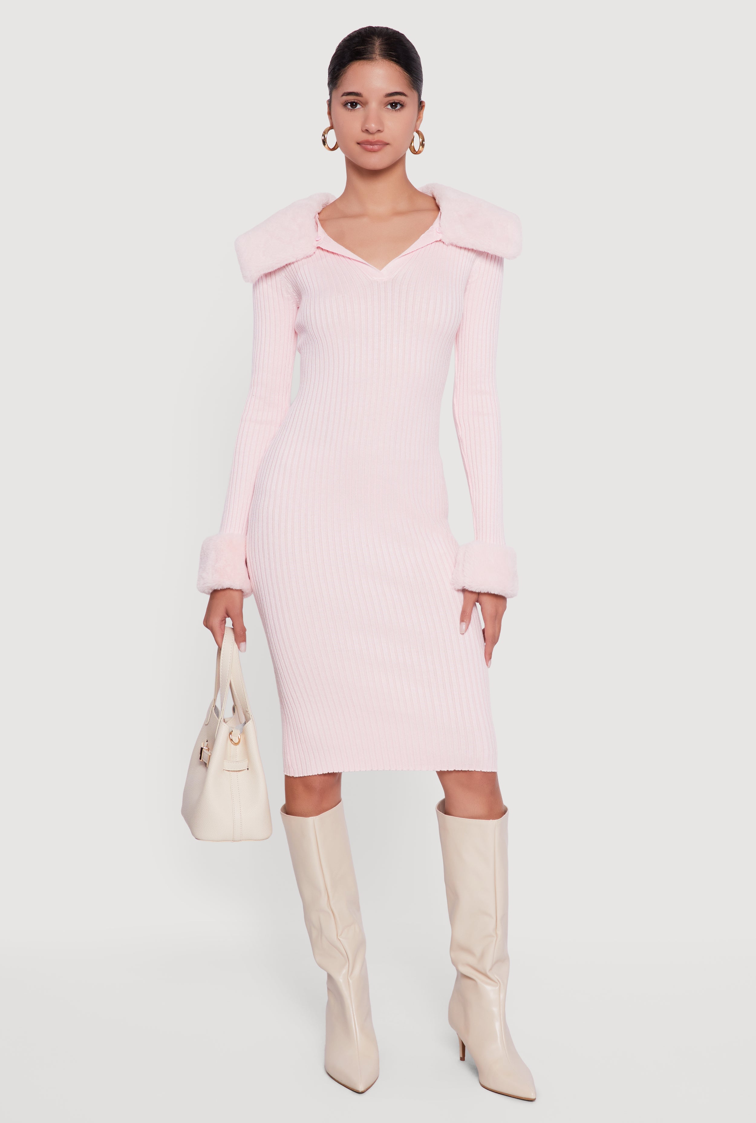 Midi Sweater Dress with Removable Faux Fur Collar and Cuffs
