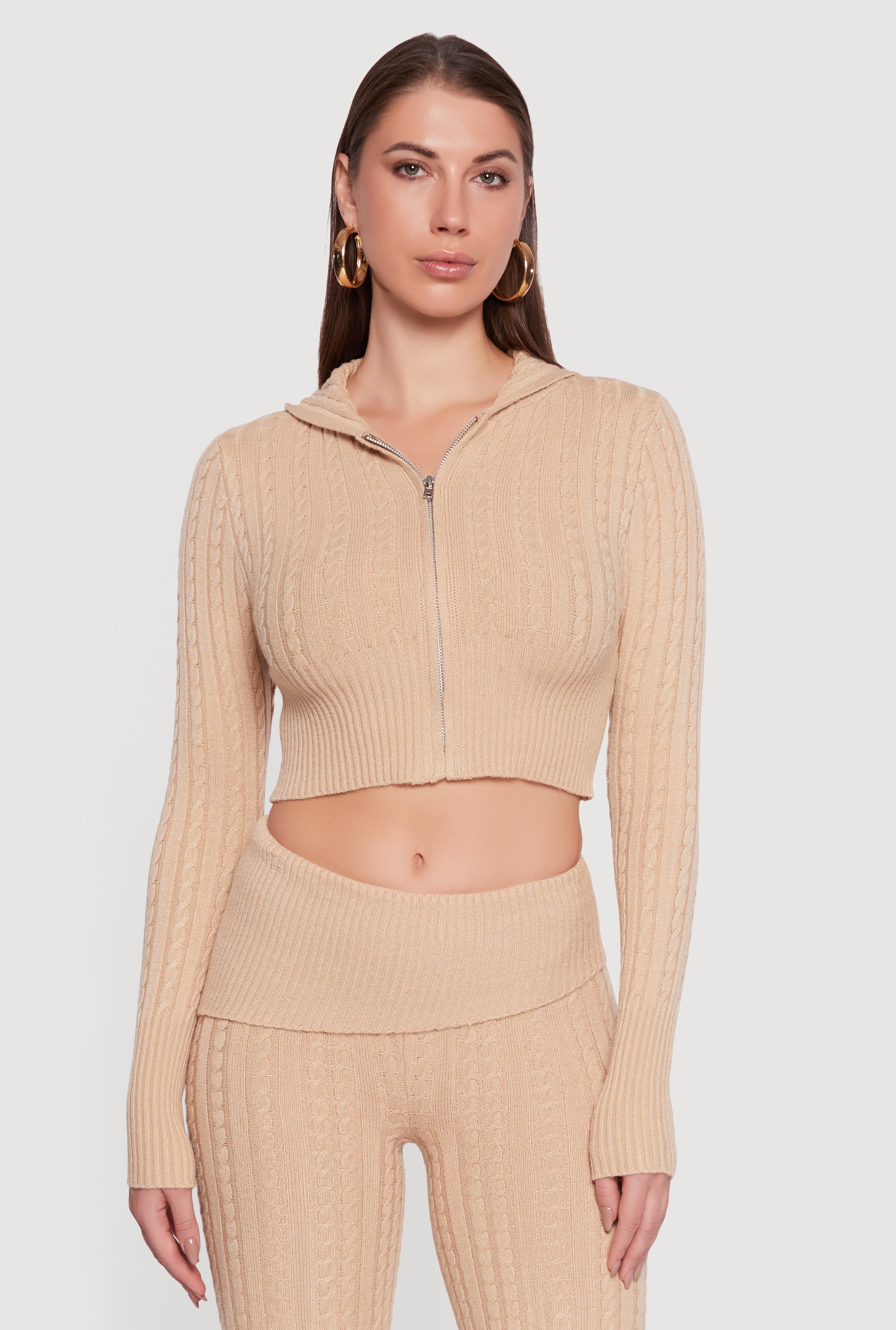 Cable Knit Cropped Zip Front Hoodie