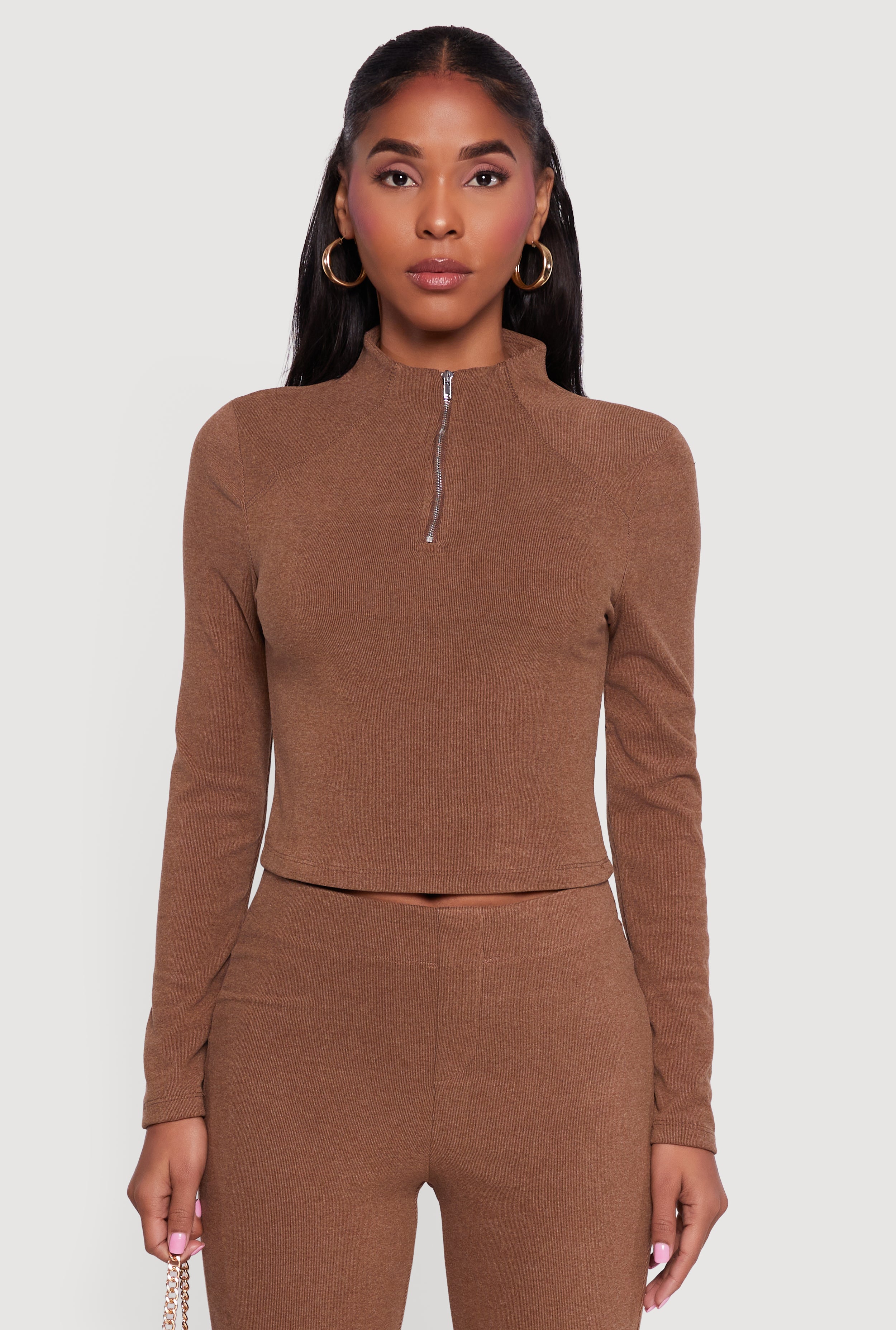 Brushed Rib Knit Long Sleeve Mock Neck Top