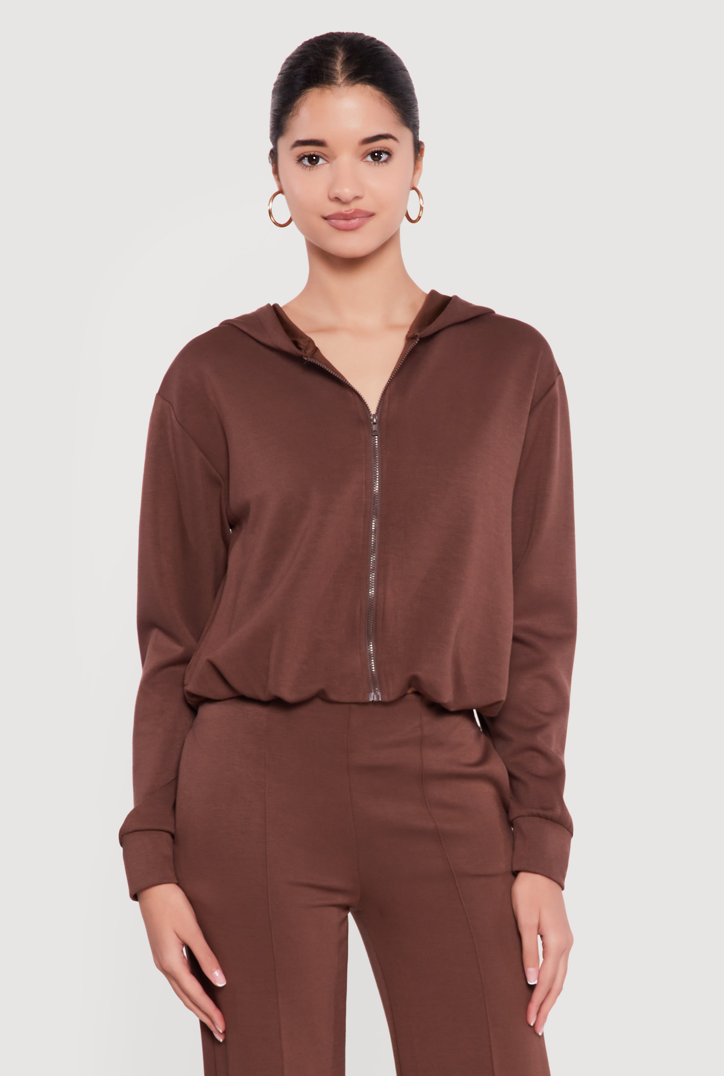 Zip Front Bubble Hem Hooded Sweatshirt