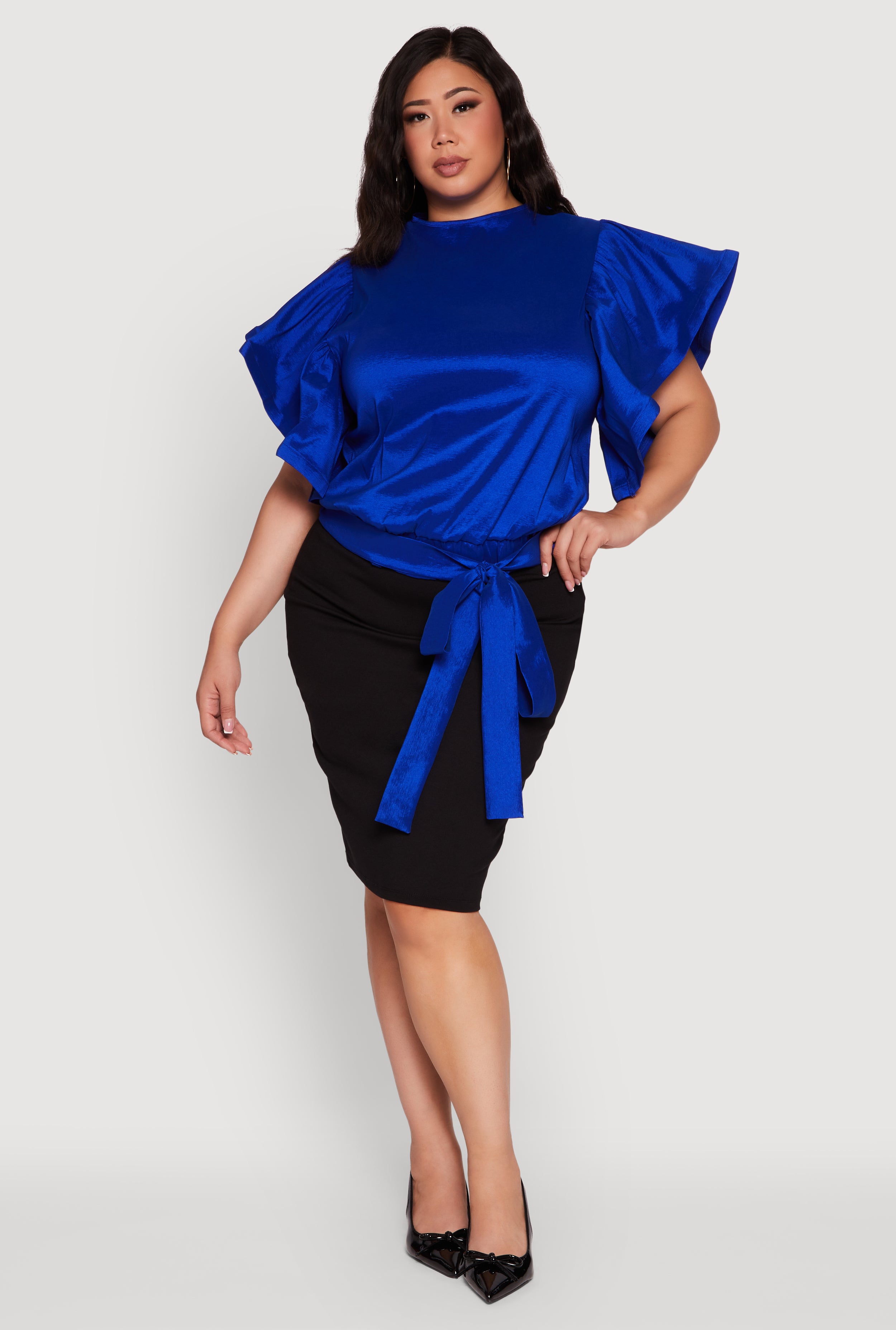 Plus Size Flutter Sleeve Blouse with Tie Waist Belt