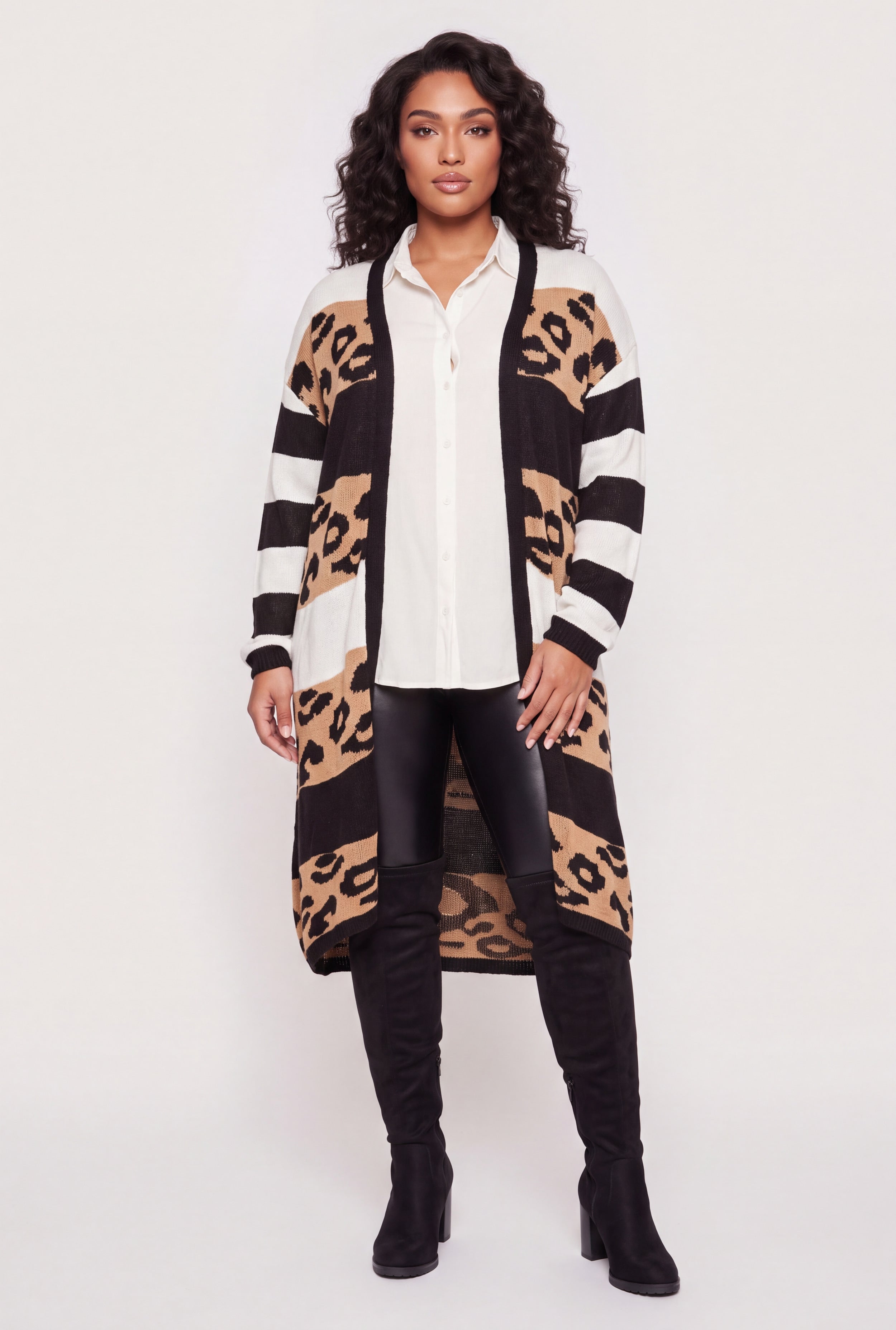 LGB風 archive leopard drape cardigan お兄系 Plus Size Color Blocked Leopard Print Open Front Long Cardigan