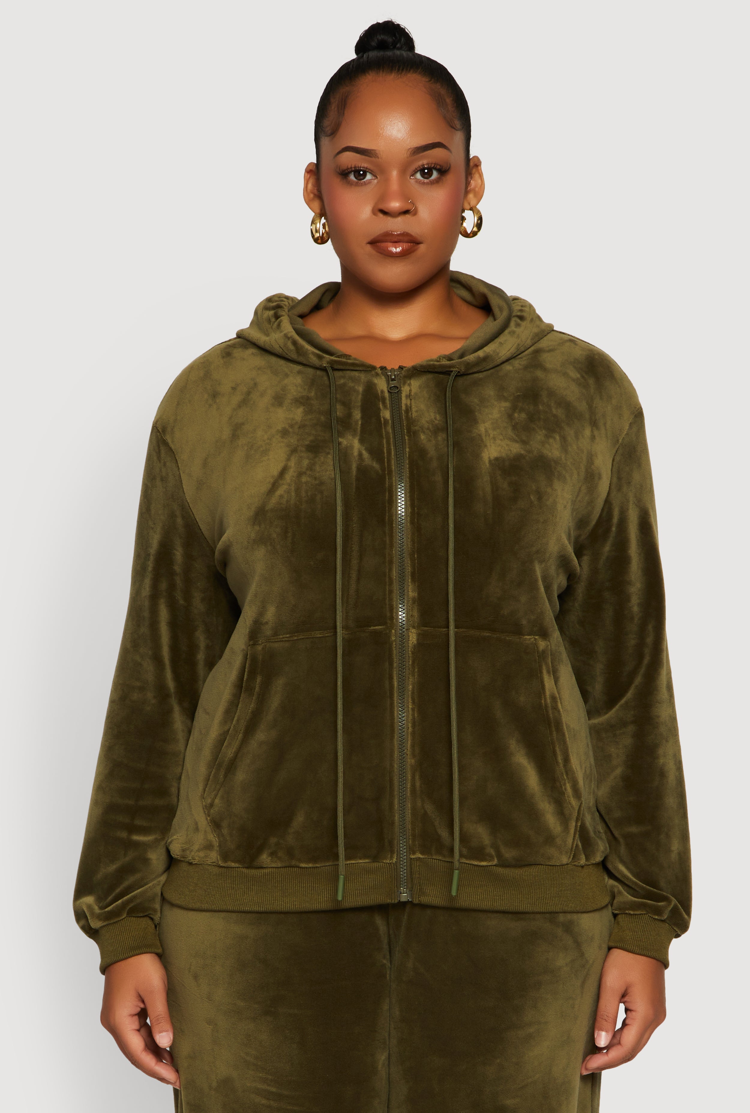 Plus Size Velour Zip Front Hooded Sweatshirt