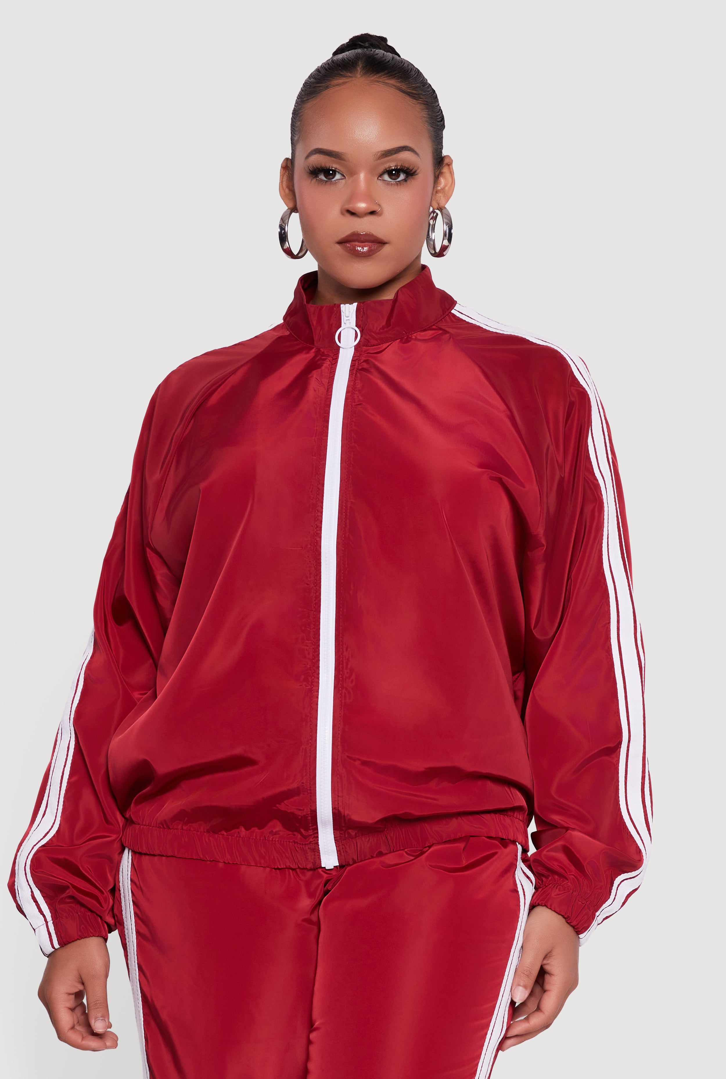 Plus Size O Ring Zip Nylon Track Jacket with Contrast Trim