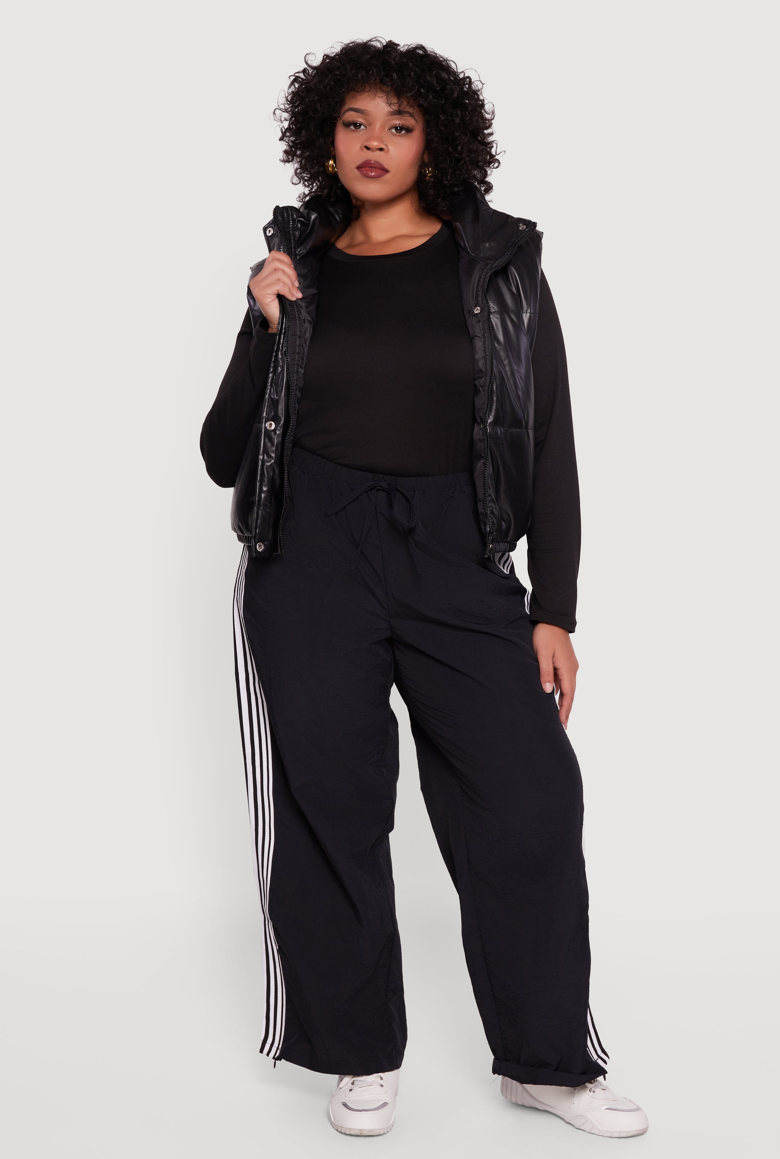 Plus Size Faux Leather Snap Button Zip Front Puffer Vest