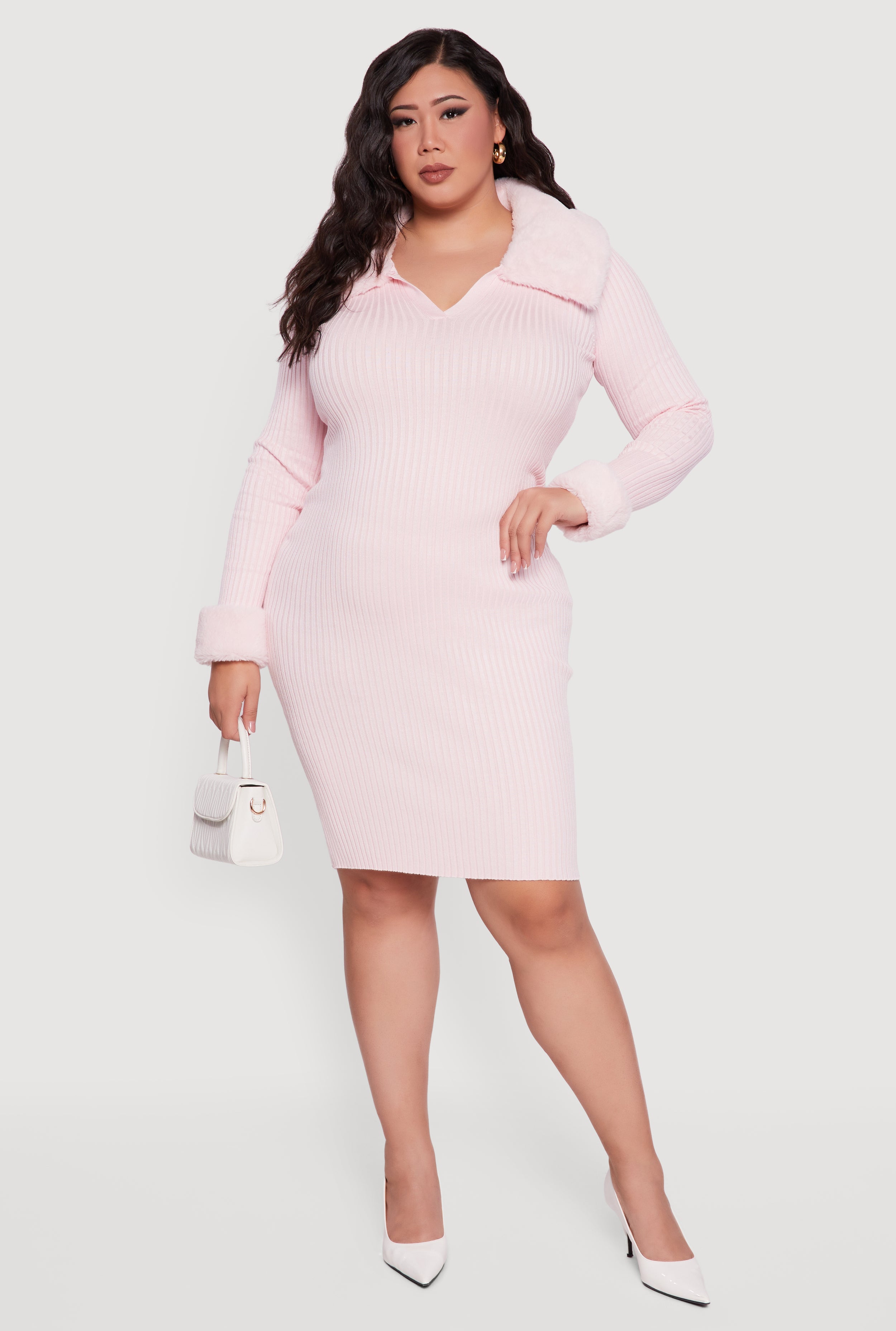 Plus Size Sweater Dress with Removable Collar and Cuffs