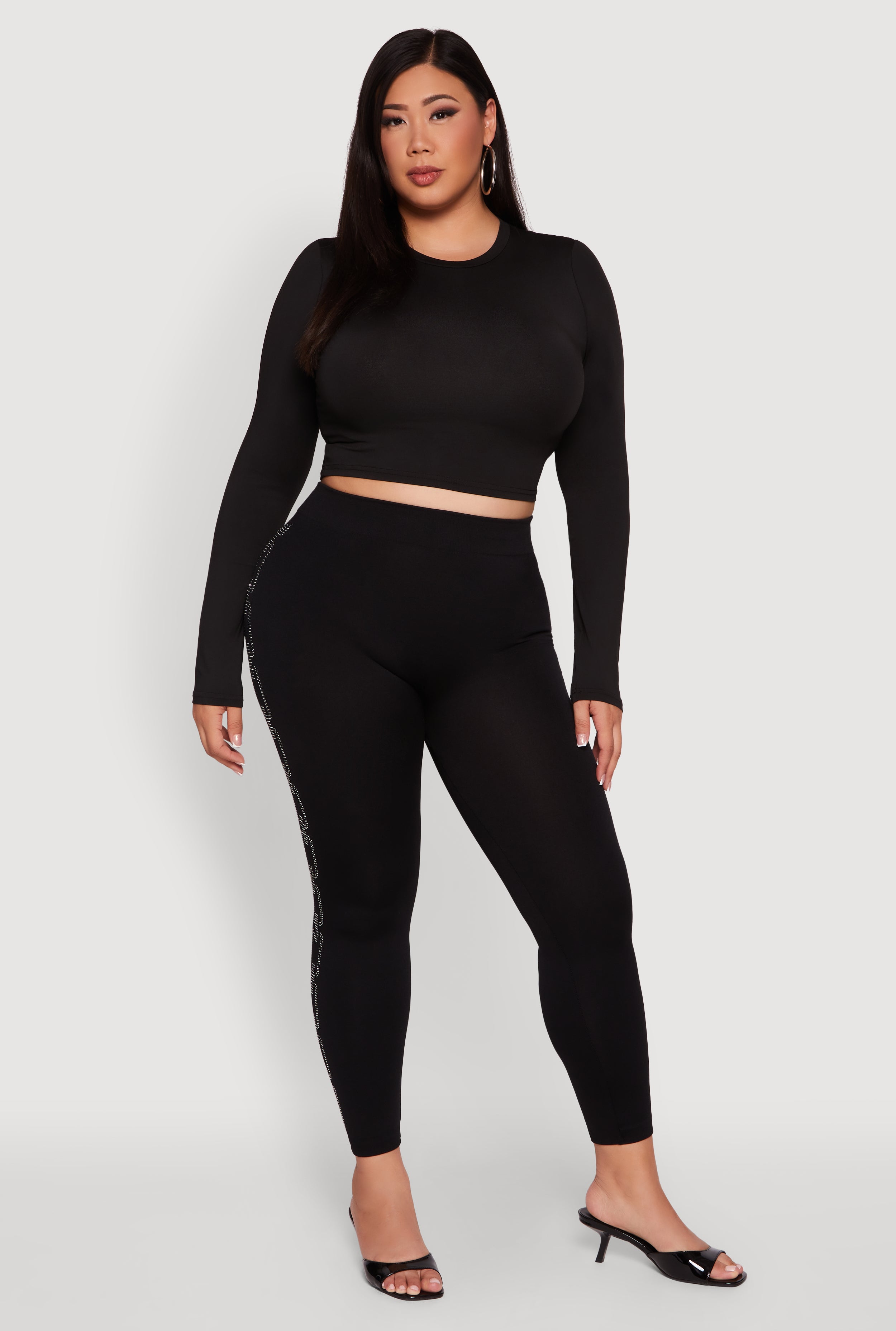 Plus Size High Waisted Side Rhinestone Chain Link Leggings