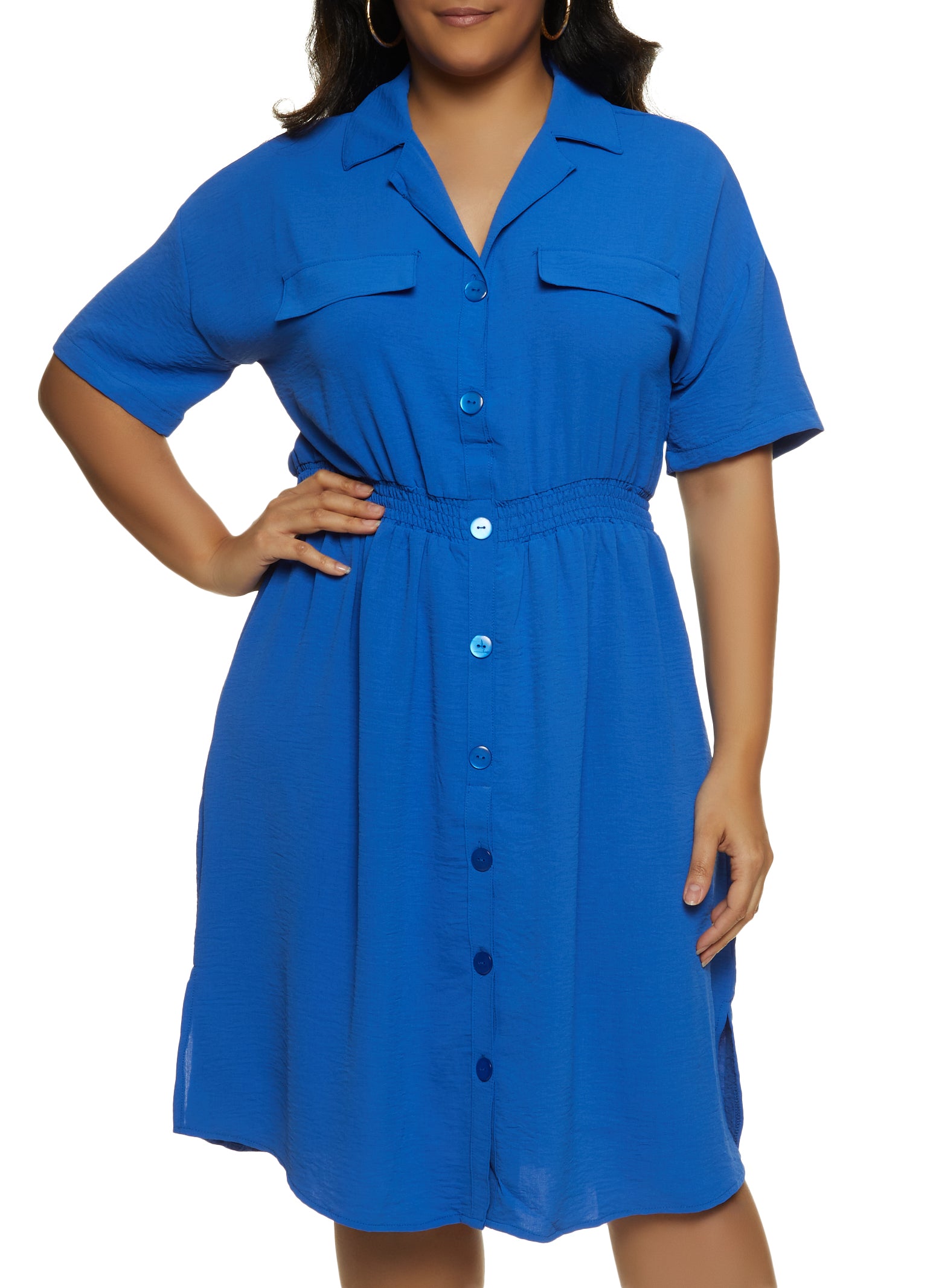Plus Size Smocked Waist Faux Pocket Shirt Dress