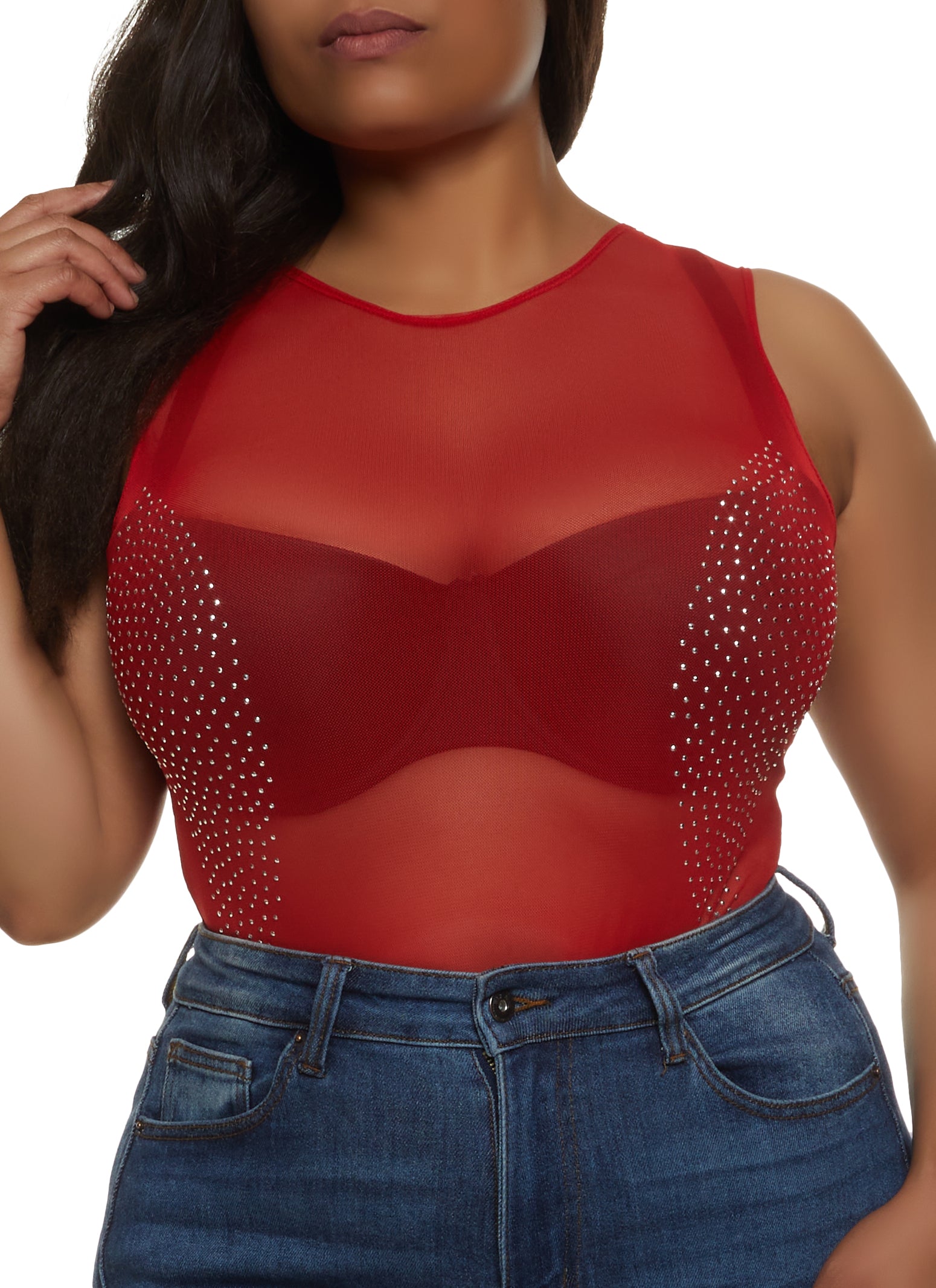 Plus Size Mesh Rhinestone Sleeveless Bodysuit