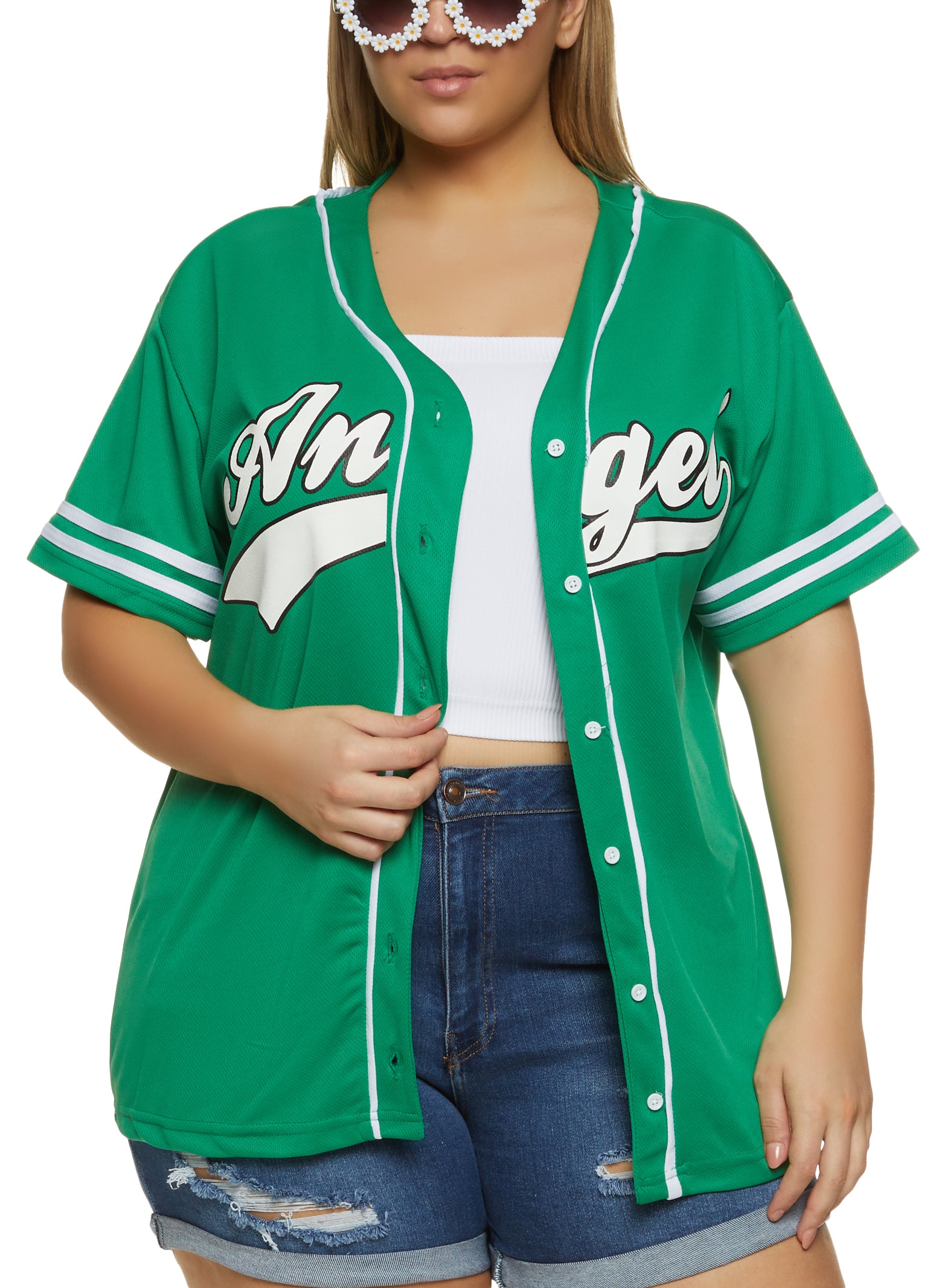 Plus Size Angel Button Front Mesh Baseball Tee