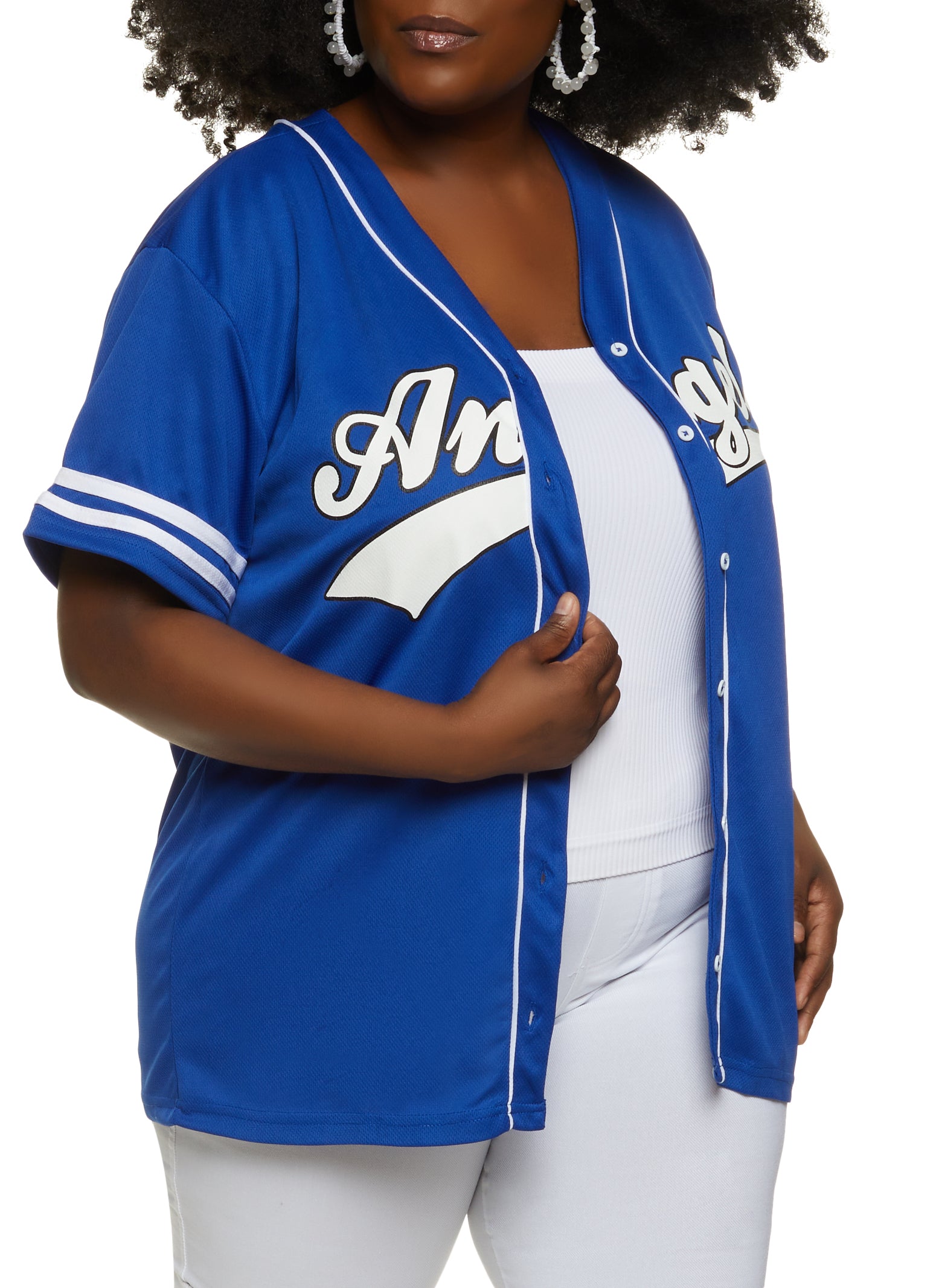 Plus Size Angel Button Front Mesh Baseball Tee