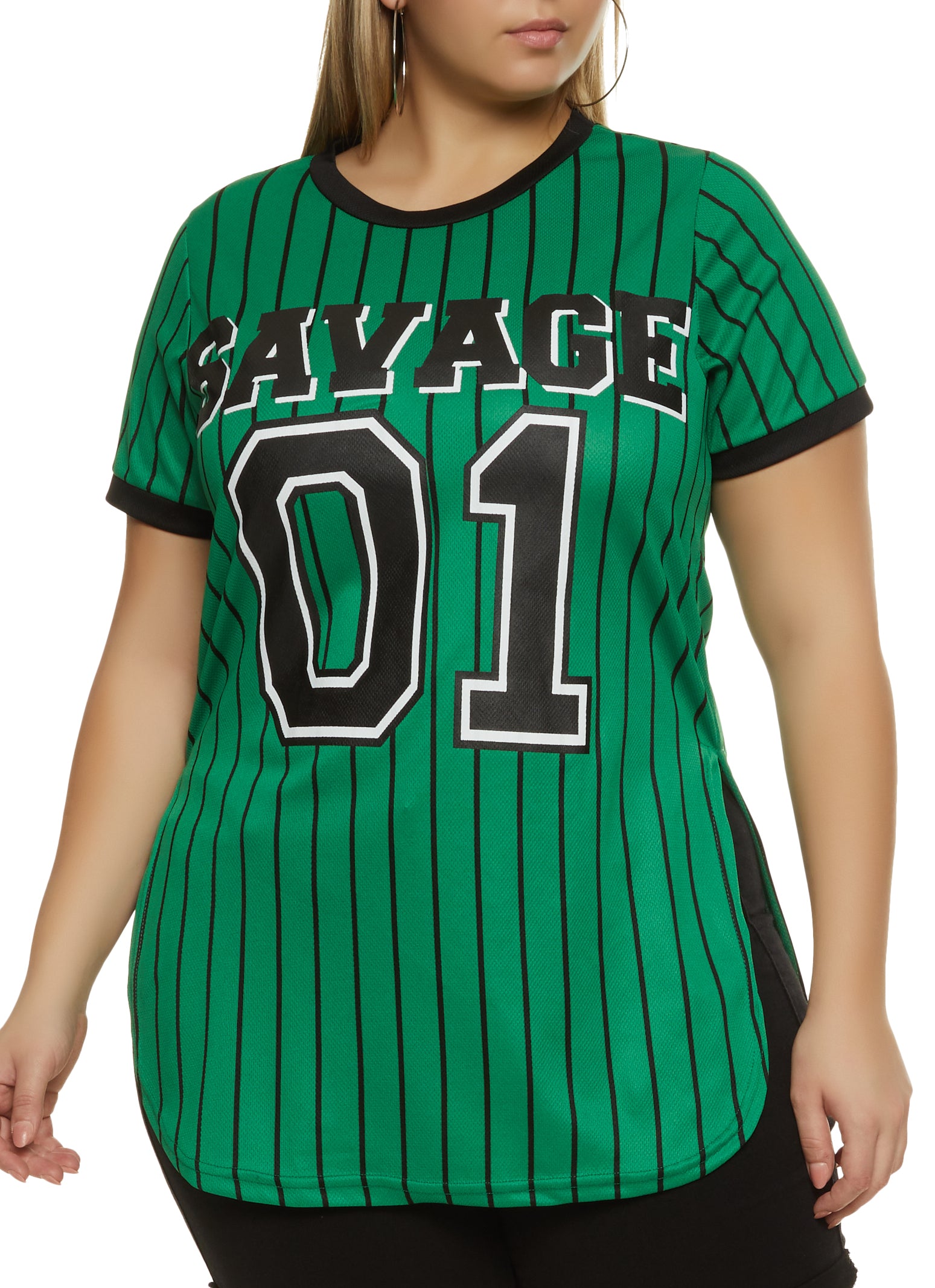 Plus Size Mesh Savage Pinstripe Baseball Tee