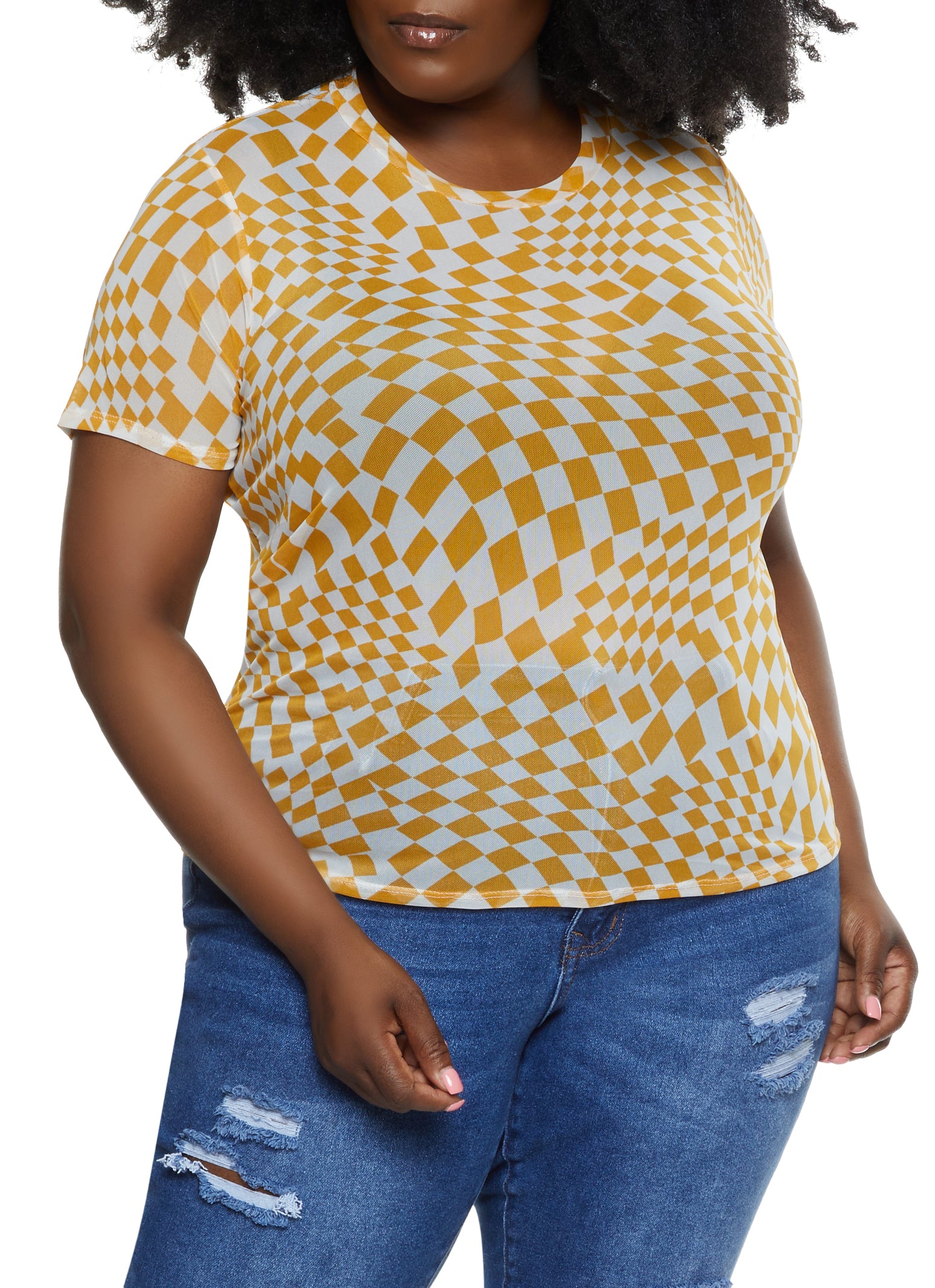 Plus Size Abstract Checkered Mesh Top