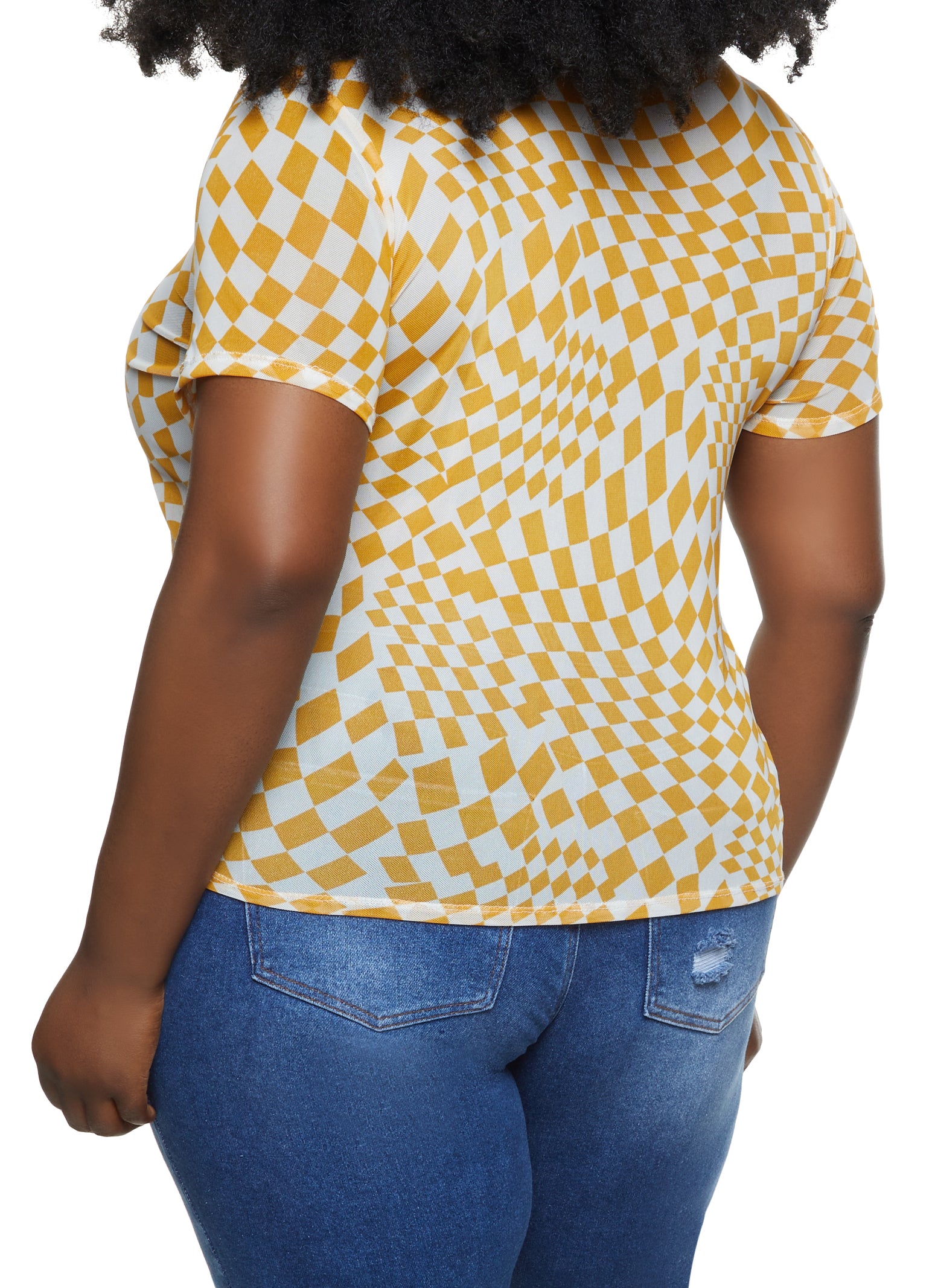 Plus Size Abstract Checkered Mesh Top