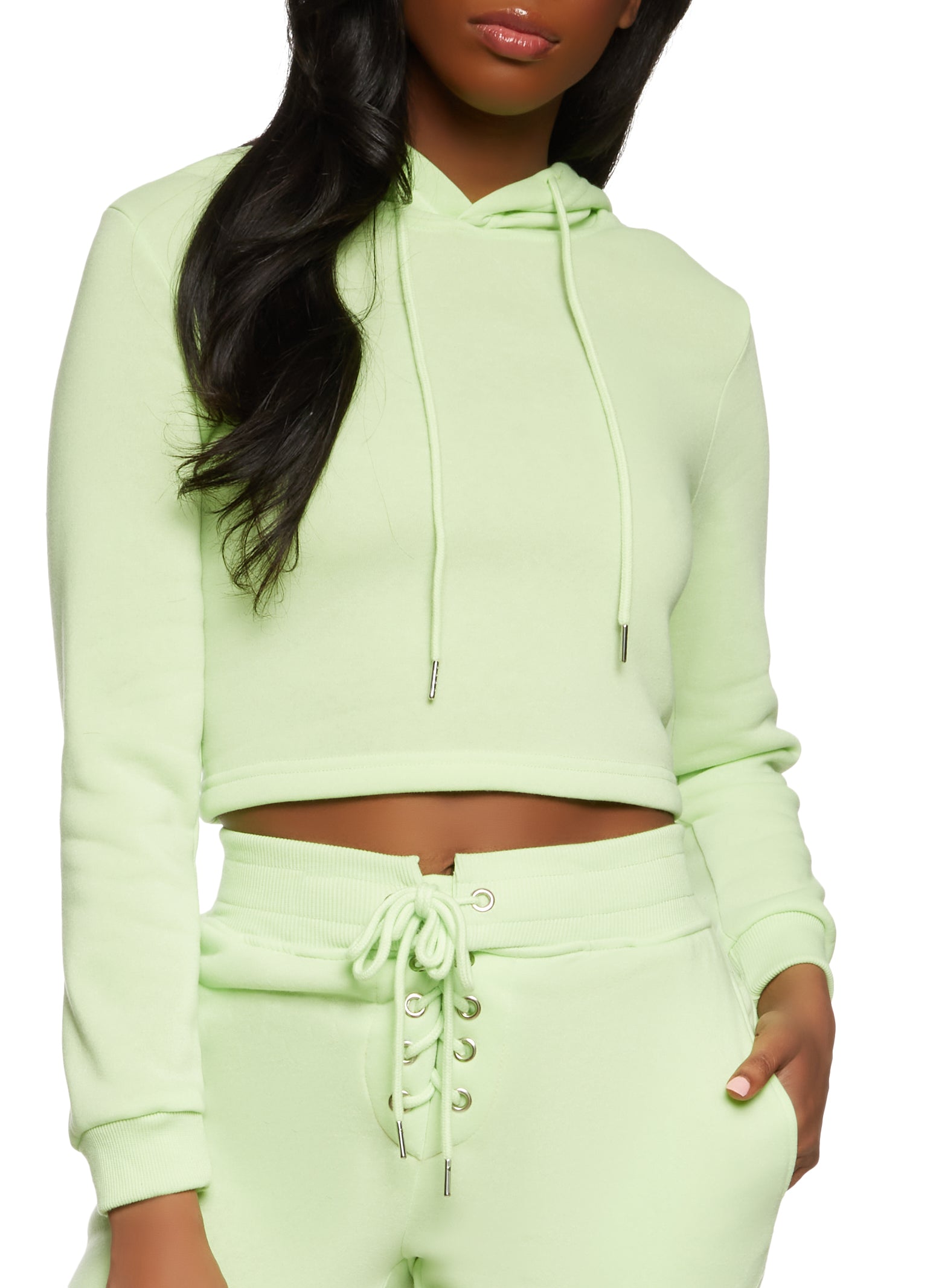 Lace Up Back Cropped Hoodie - Green