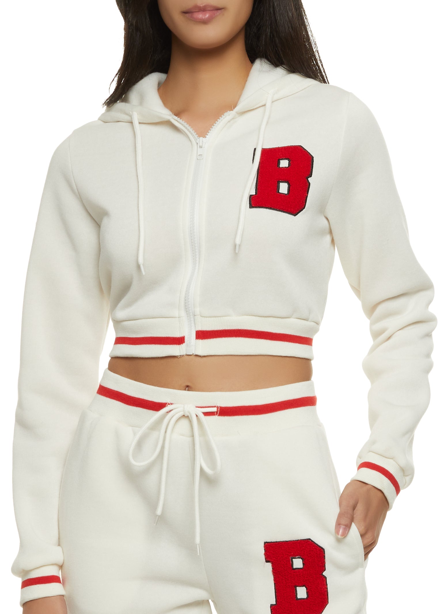 Letterman Patch Zip Up Hoodie - Ivory