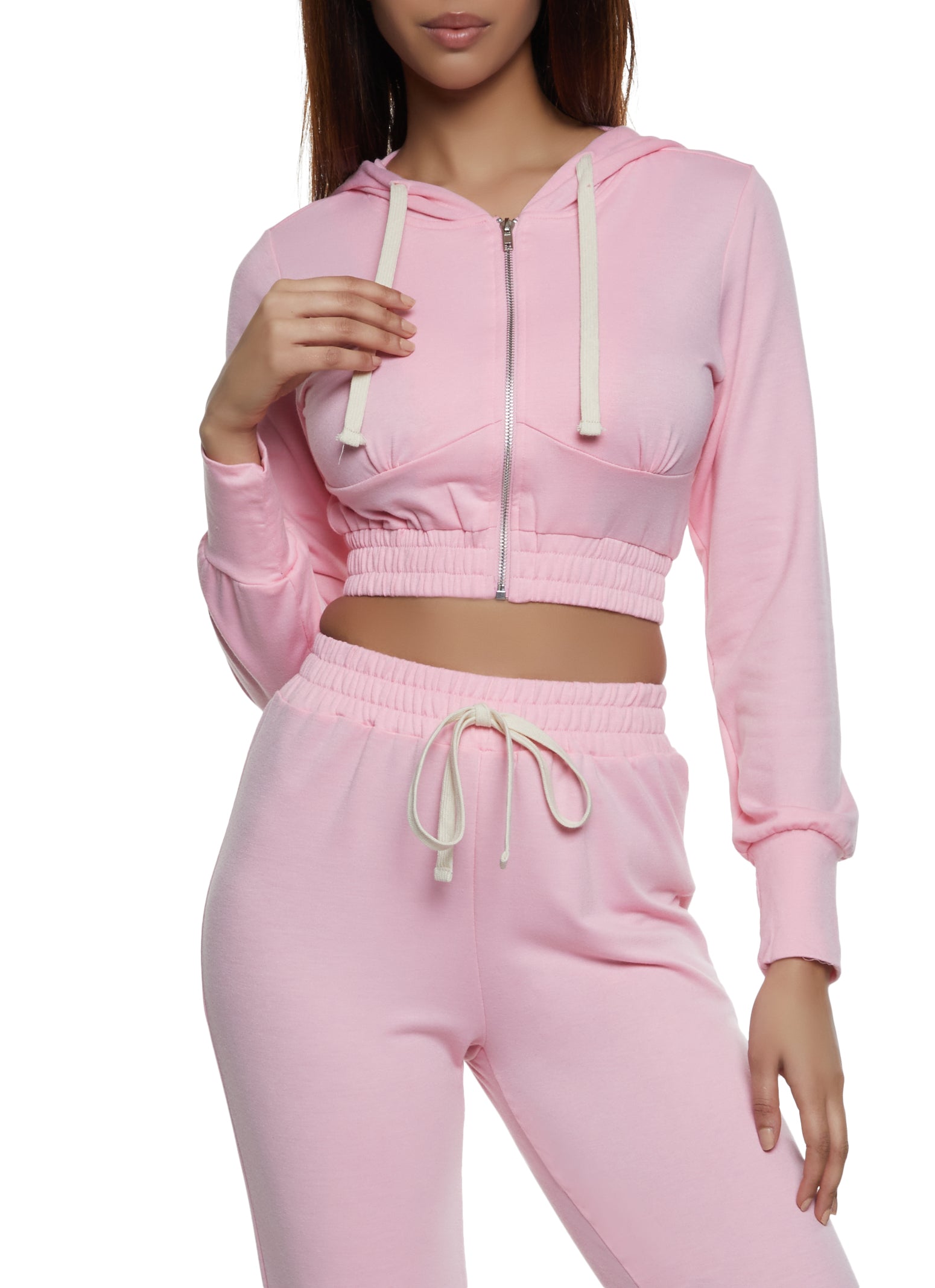 Basic Cropped Zip Up Hoodie - Pink