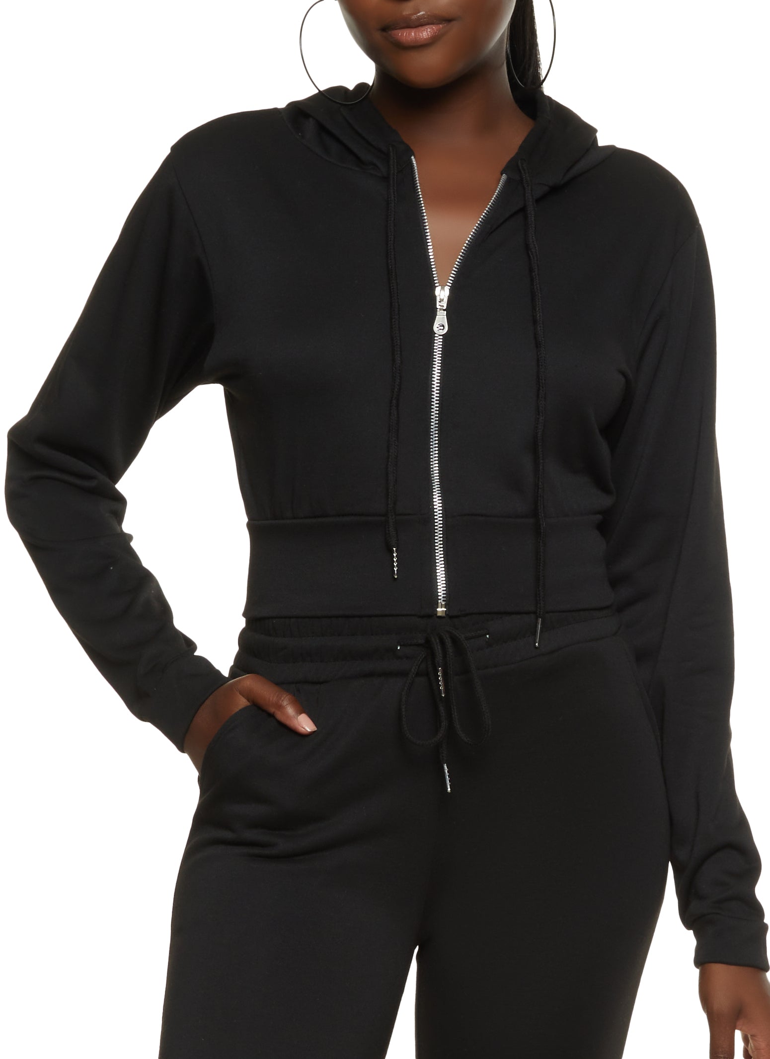 Angel Rhinestone Zip Front Cropped Hoodie - Black