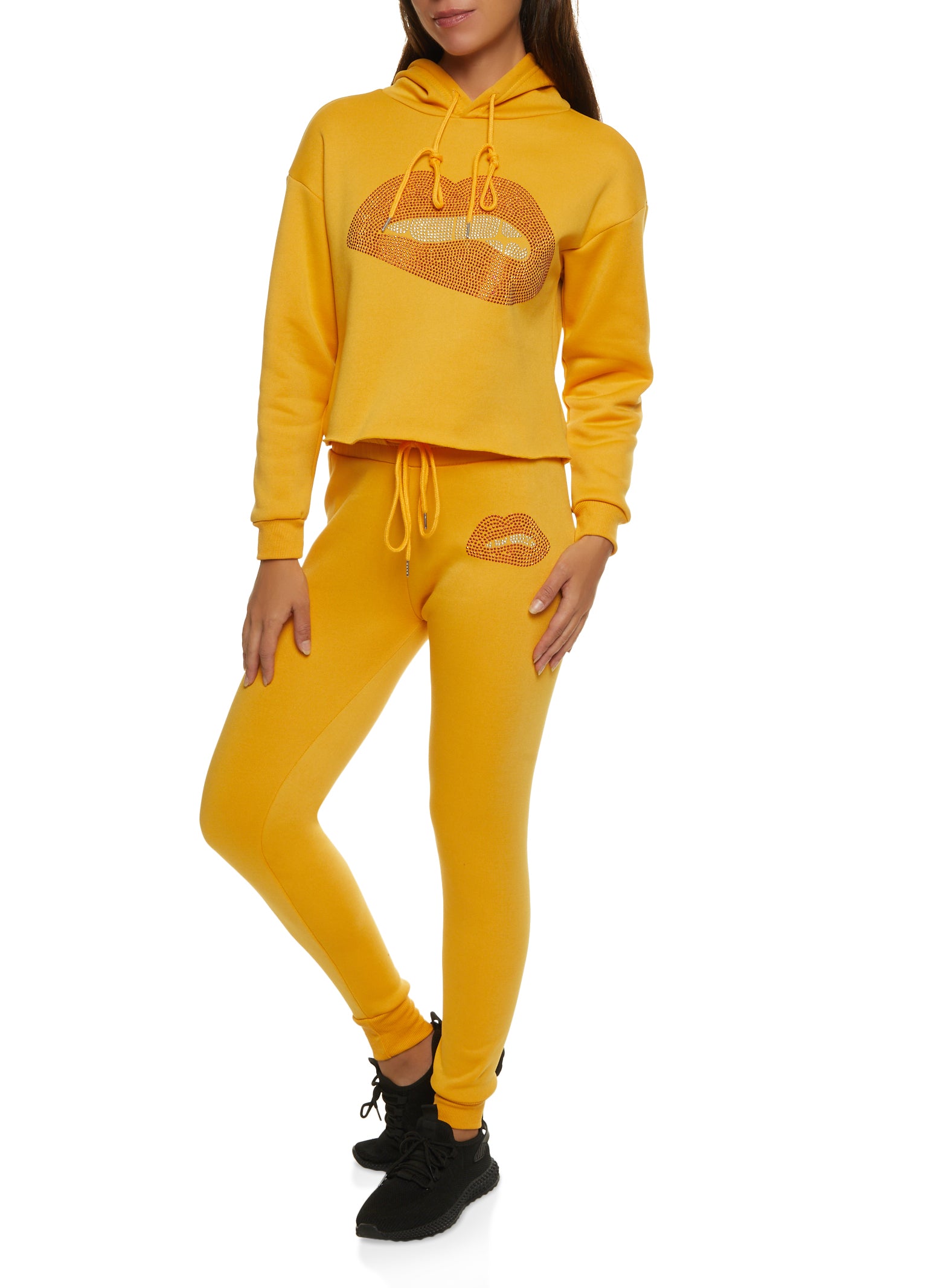 Rhinestone Studded Lip Graphic Hoodie - Gold