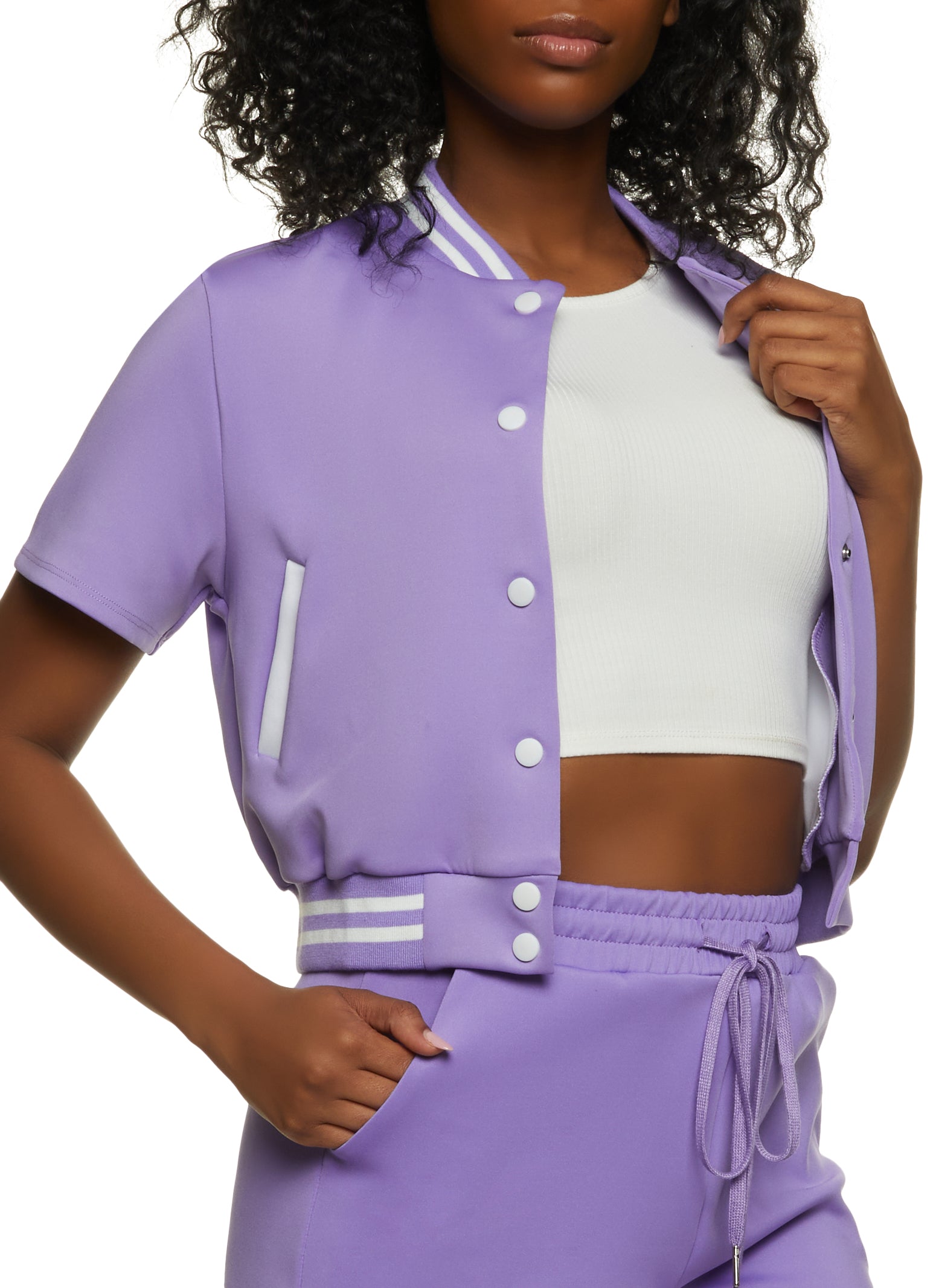 Purple Stripe Trim Faux Leather Cropped Varsity Bomber Jacket