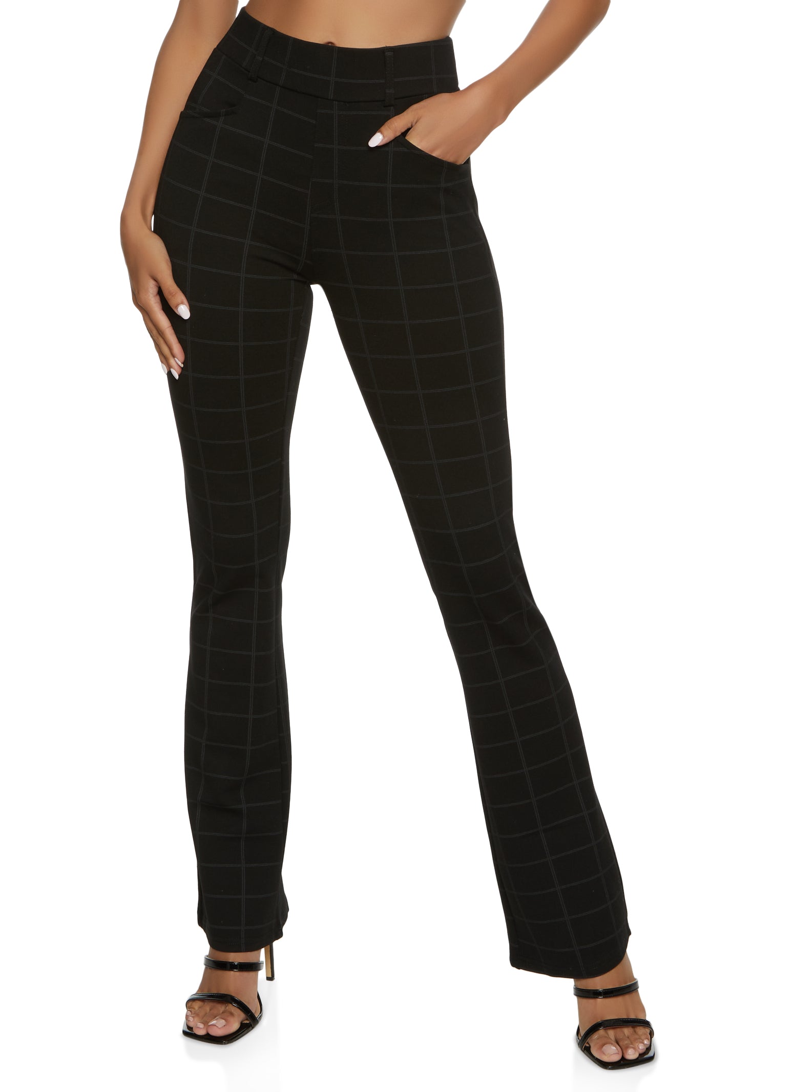 Windowpane Print High Waist Flare Pants