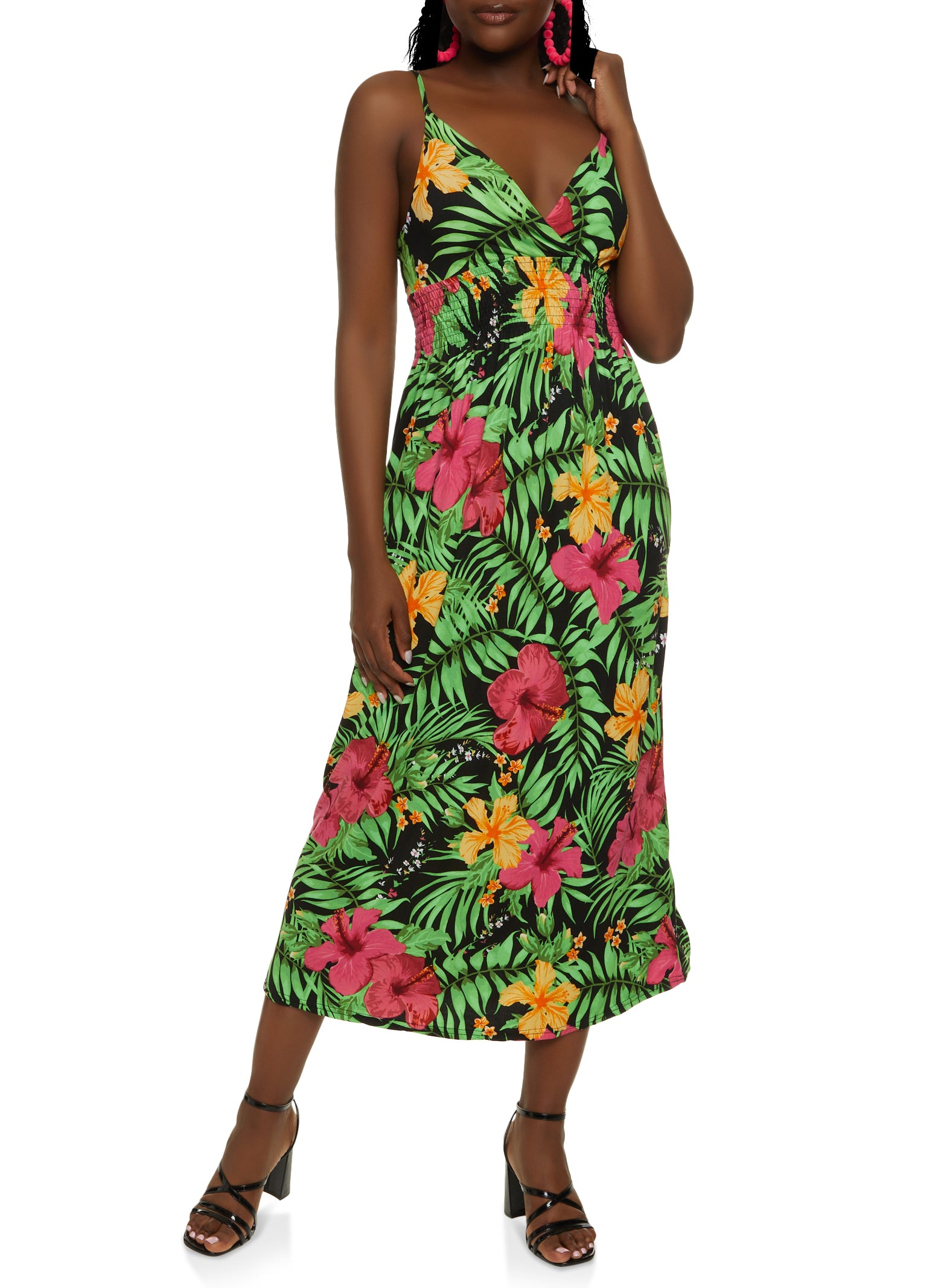 Tropical Print Smocked Waist Maxi Dress