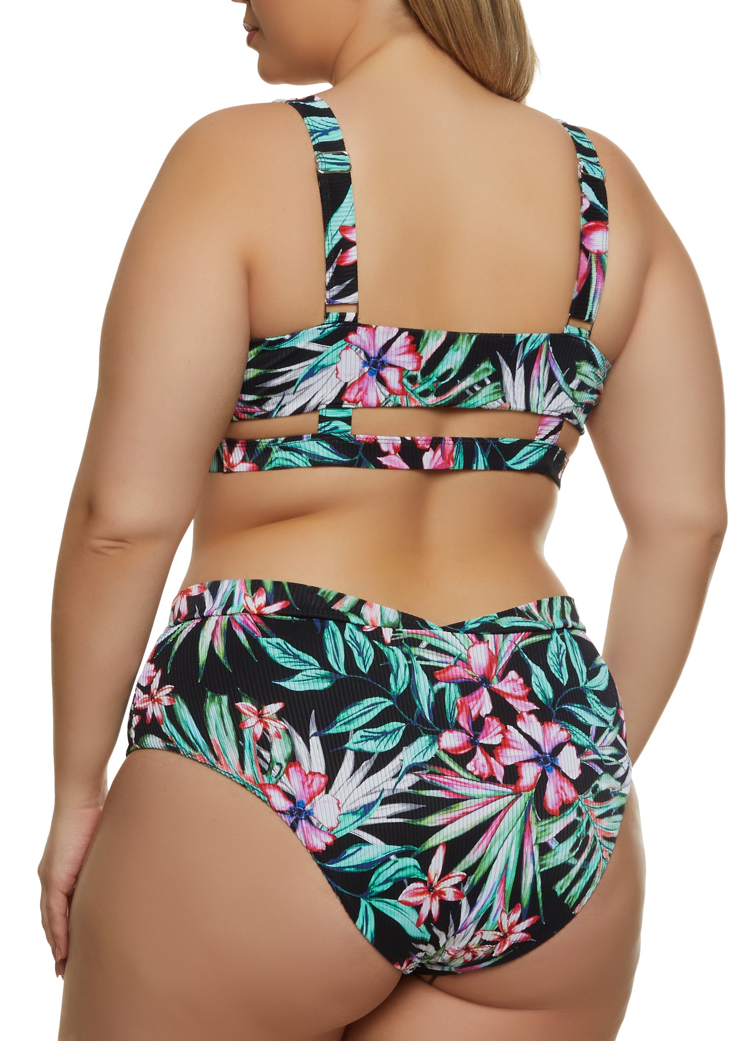 Plus Size Hawaiian Print Zip Front Bikini Top and Bottoms