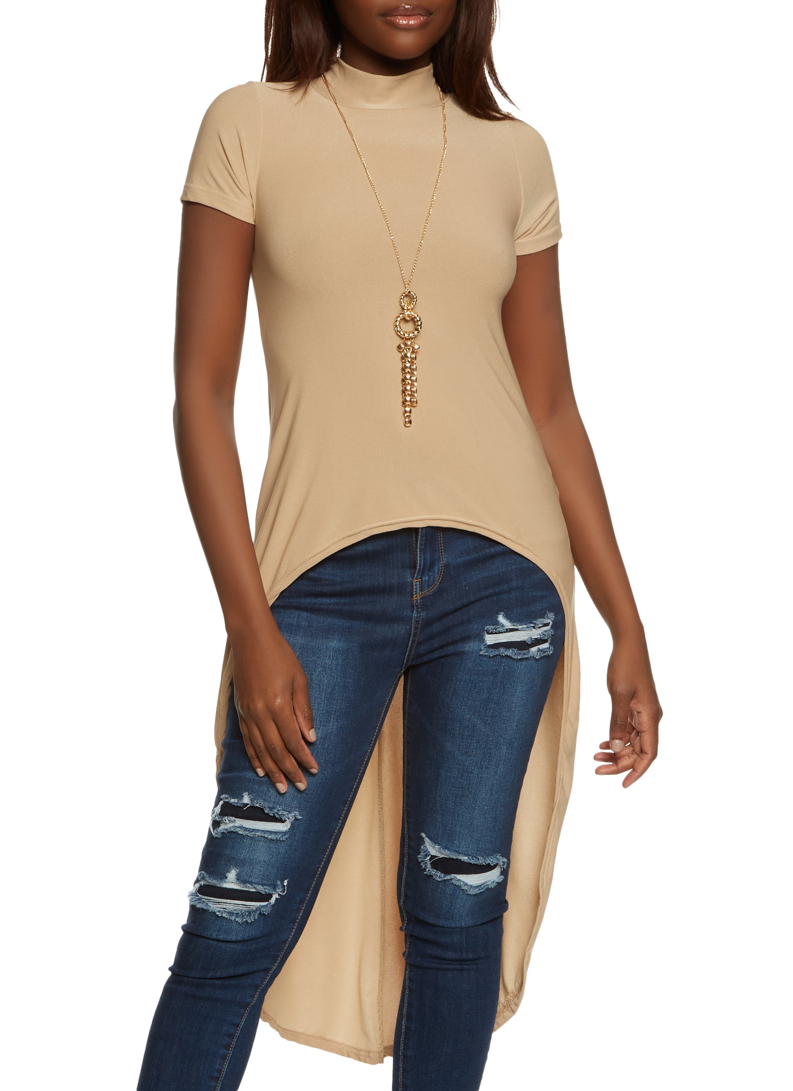 Mock Neck High Low Tee with Necklace