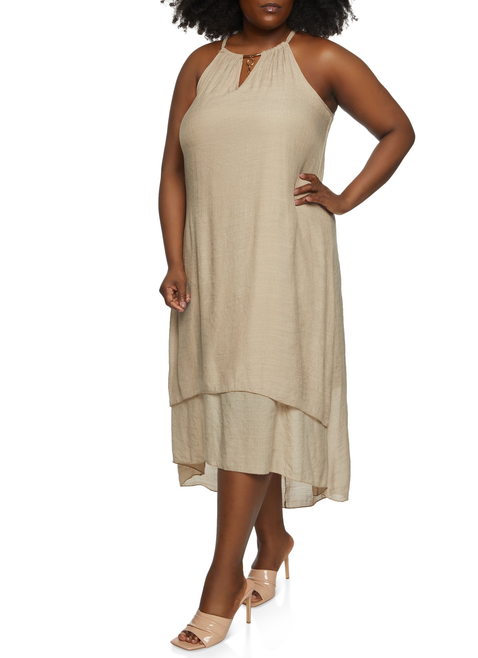 Plus Size Gauze Knit High Low Dress with Necklace