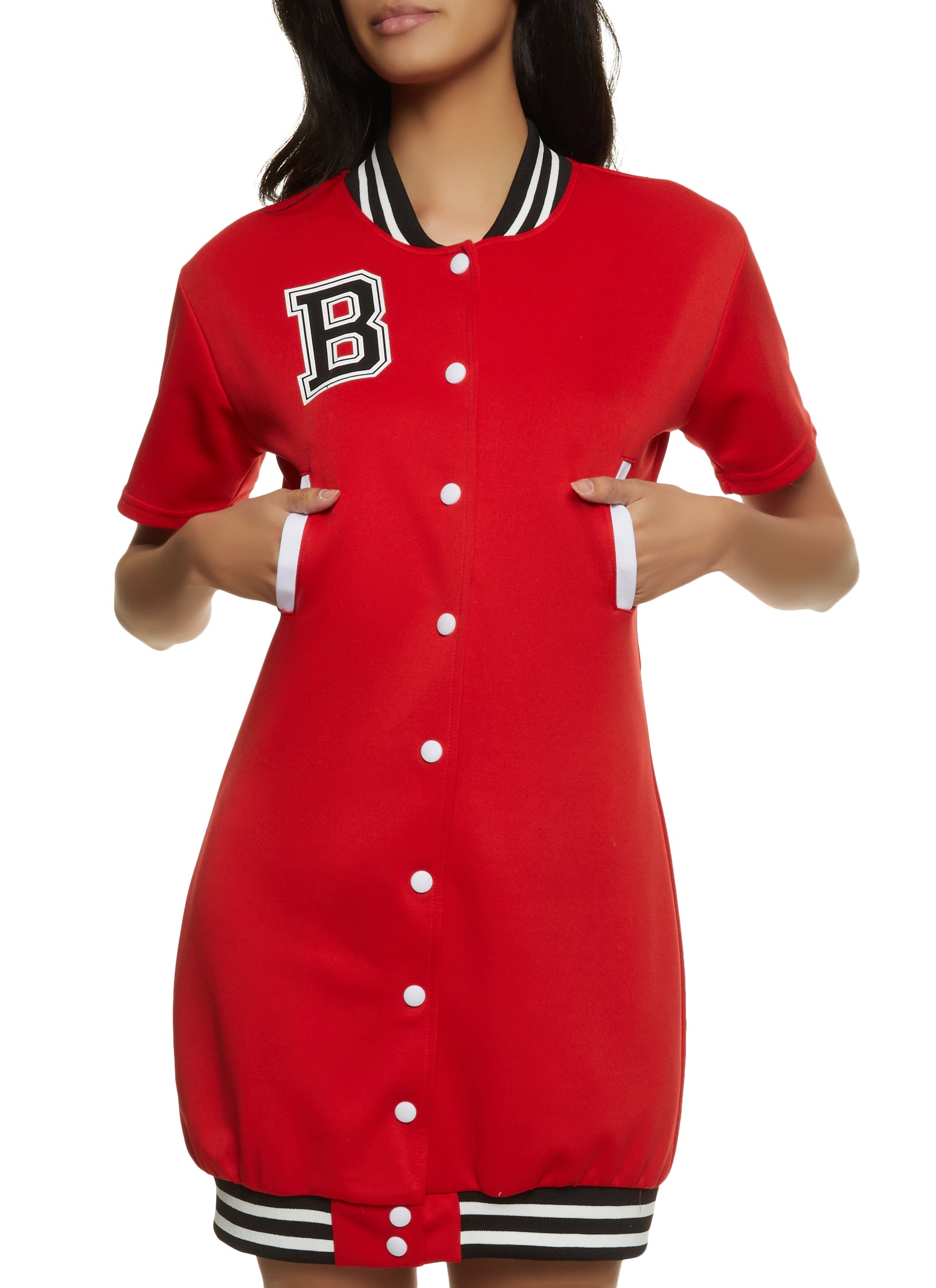 Button Front Baseball Jersey Dress - Red