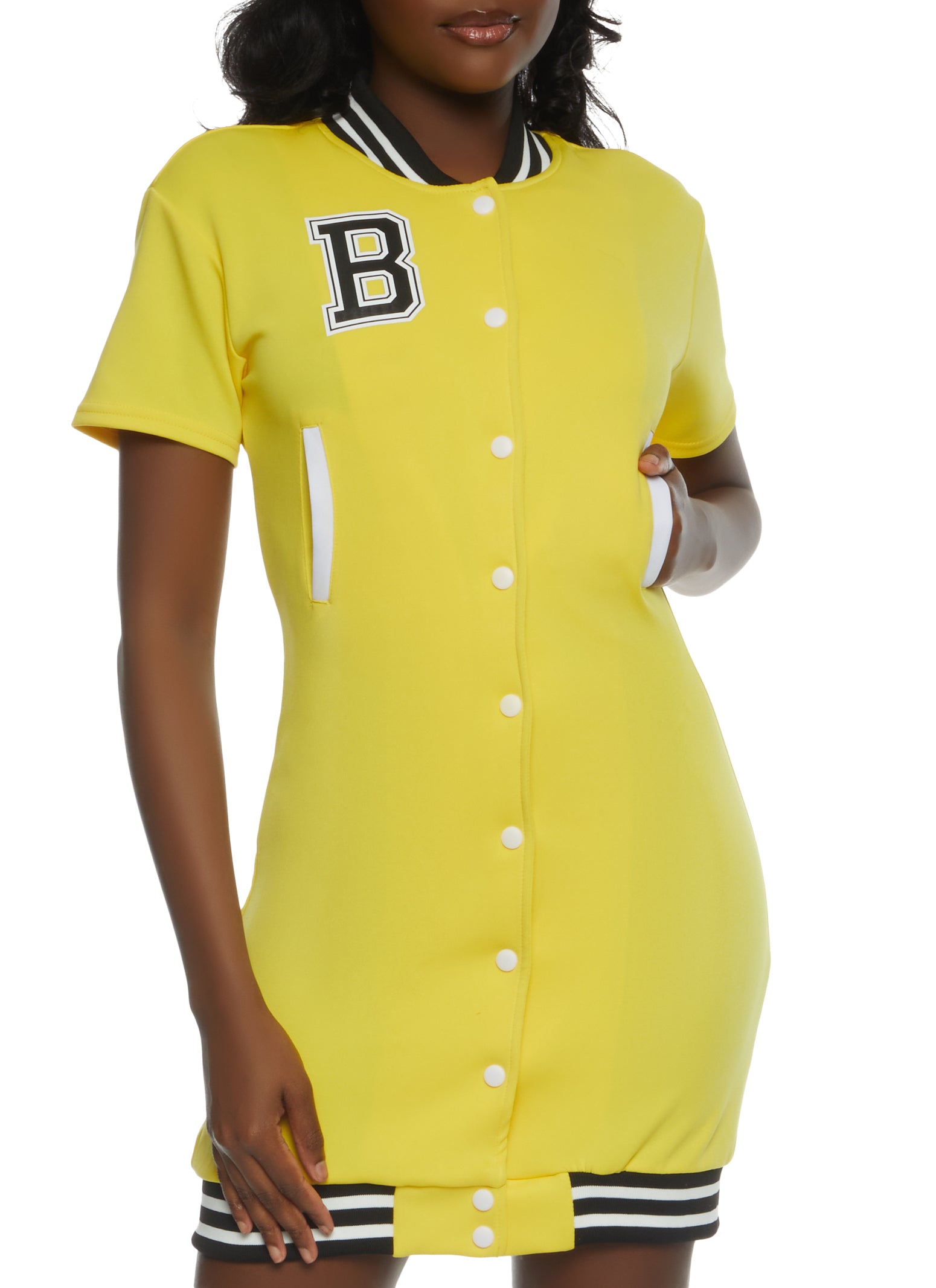 Womens Button Front Baseball Jersey Dress, Yellow, Size S | Rainbow Shops