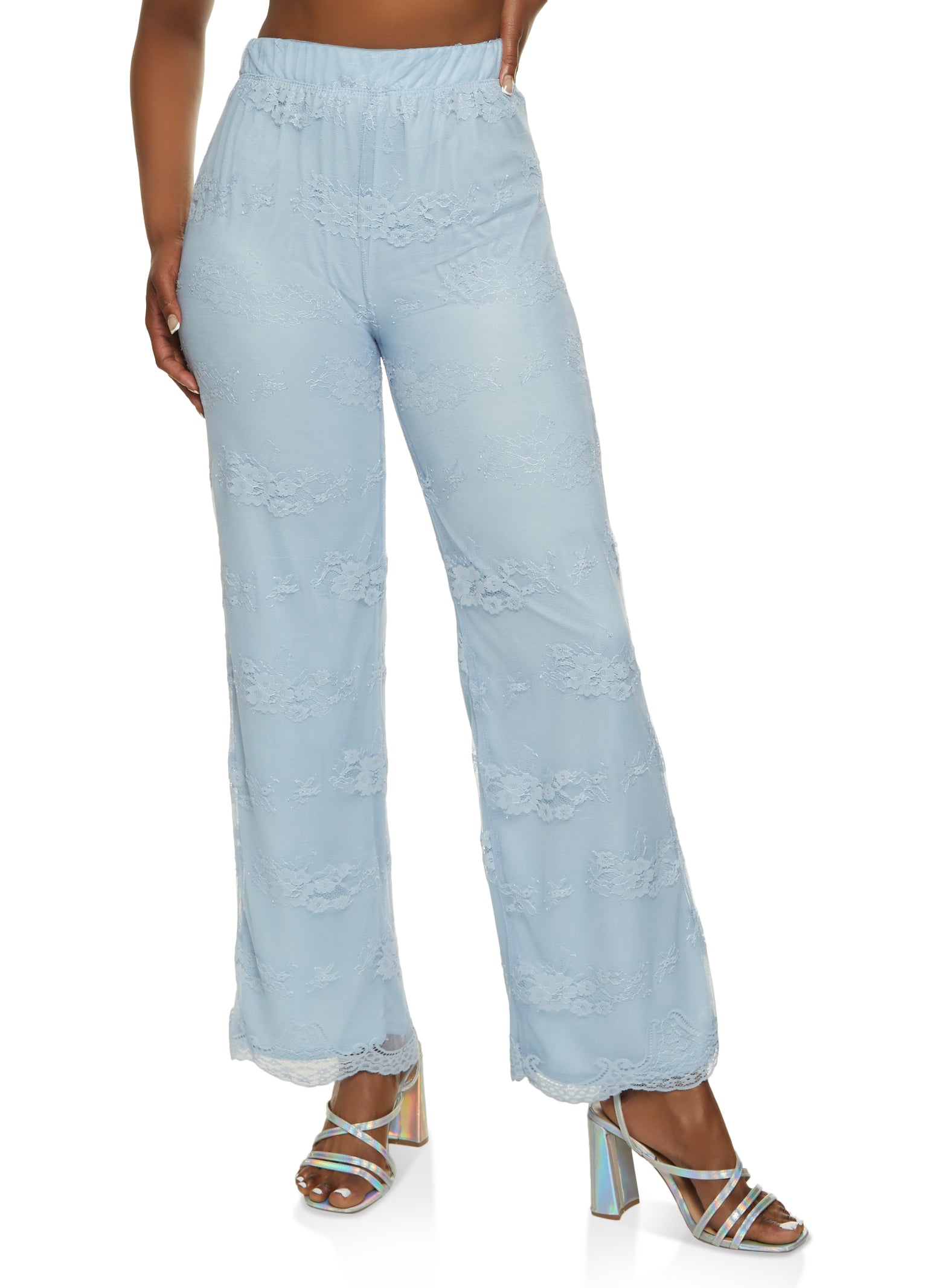 Mesh Floral Lace Flared Pants - Baby Blue