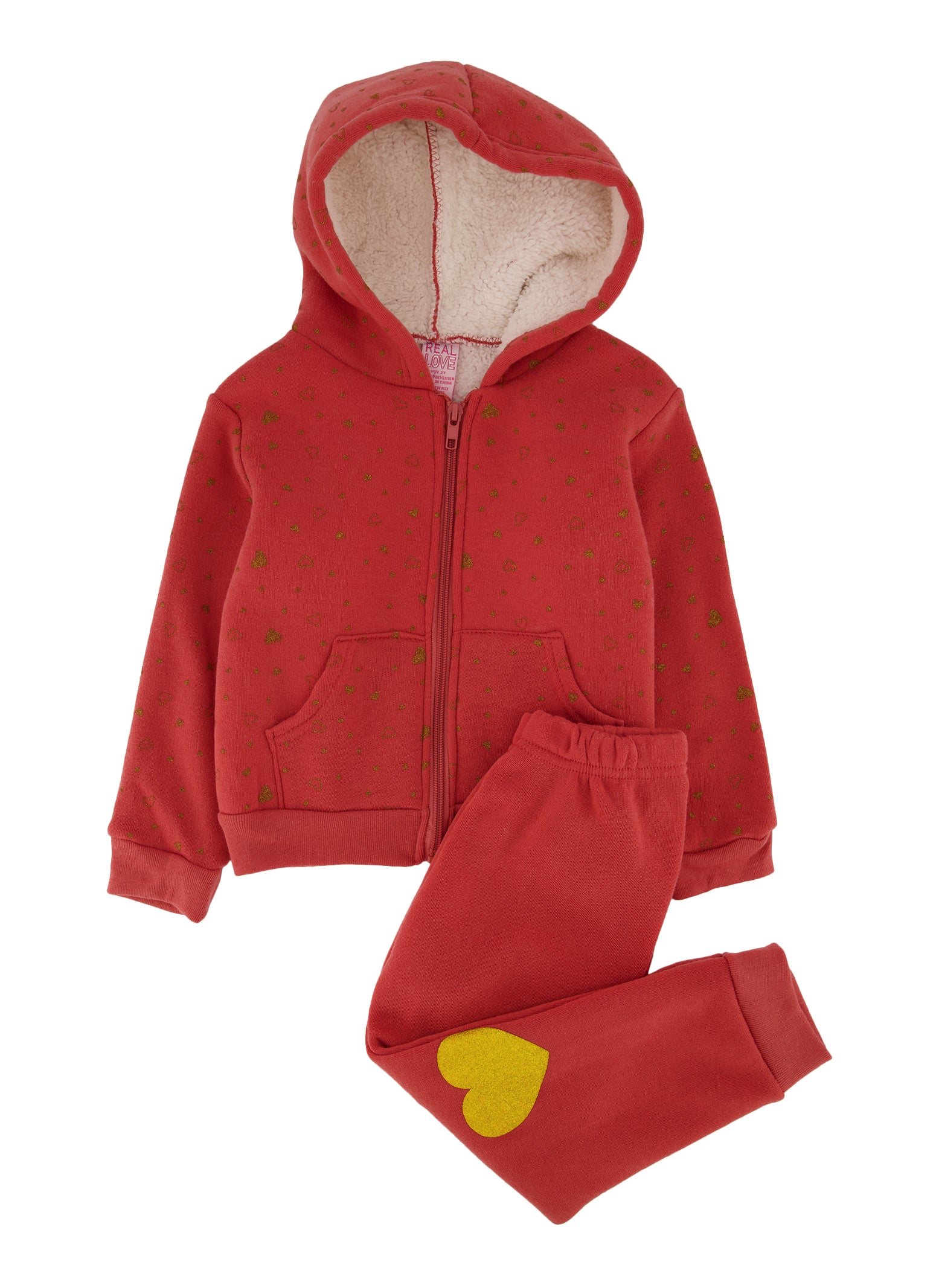 Toddler Girls Heart Print Sherpa Lined Hoodie and Joggers