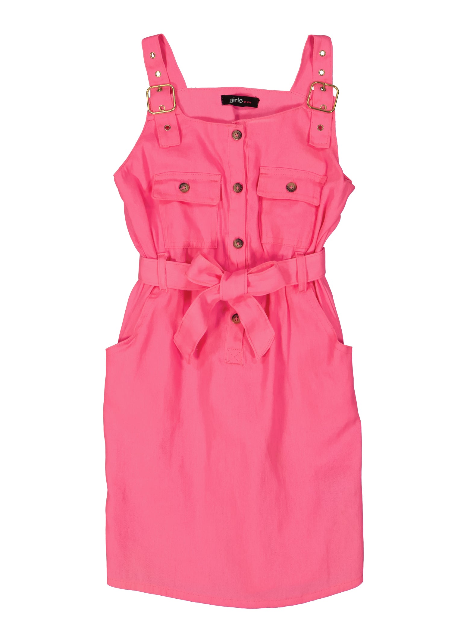 Girls Solid Buckle Strap Tie Waist Belted Dress