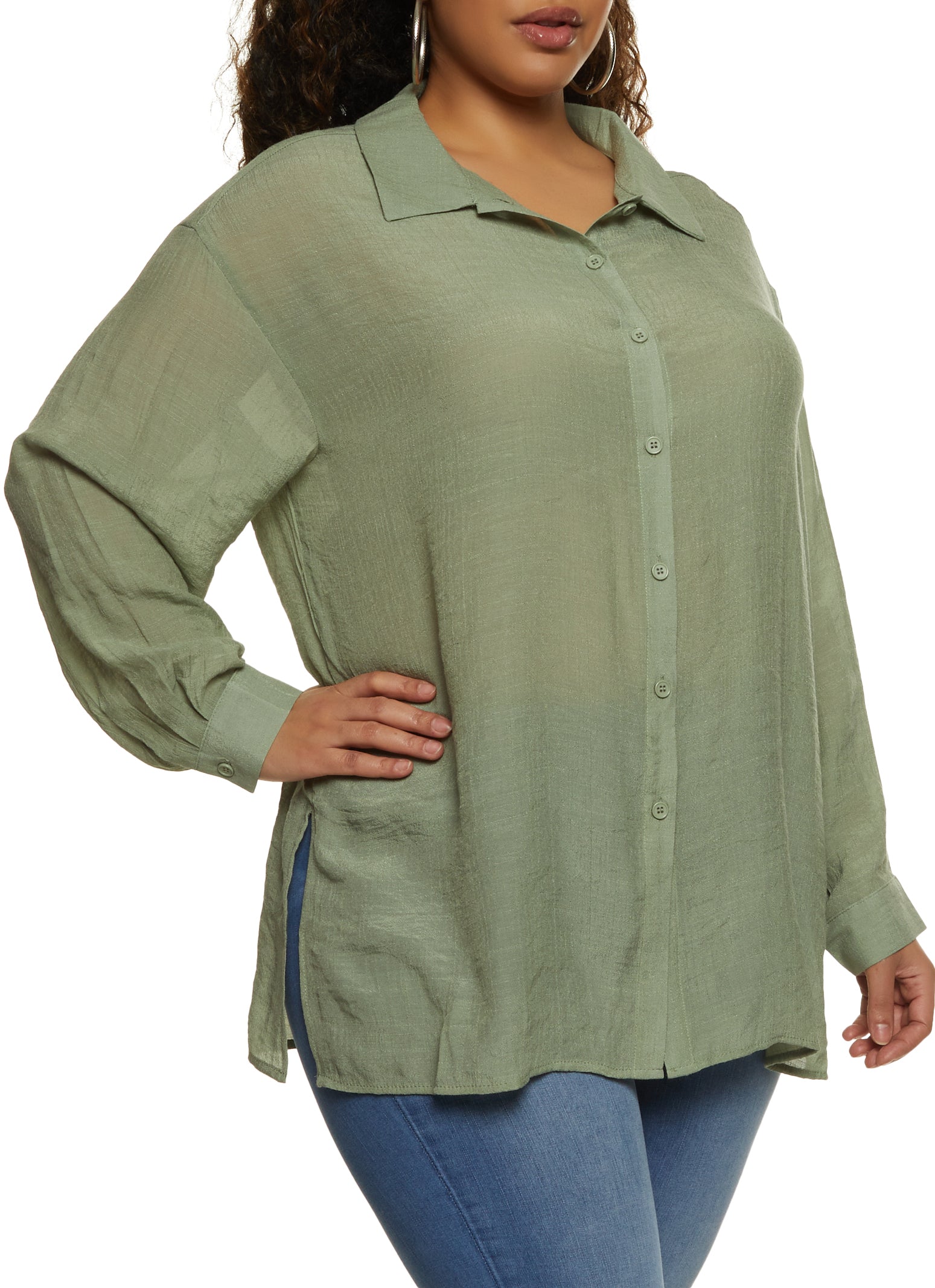 Plus Size Gauze Knit Button Front Shirt