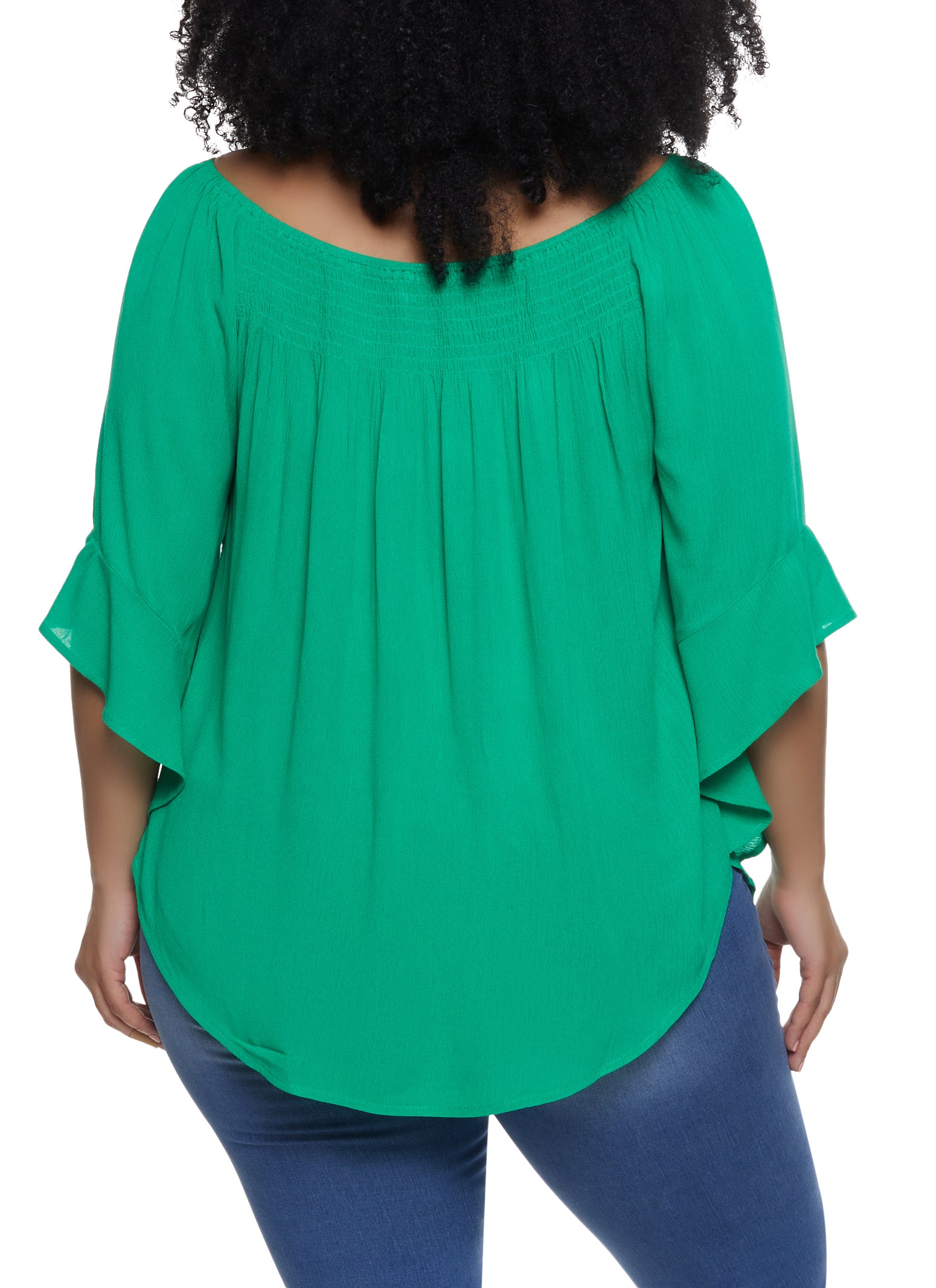 Plus Size Smocked Boat Neck Bell Sleeve Top