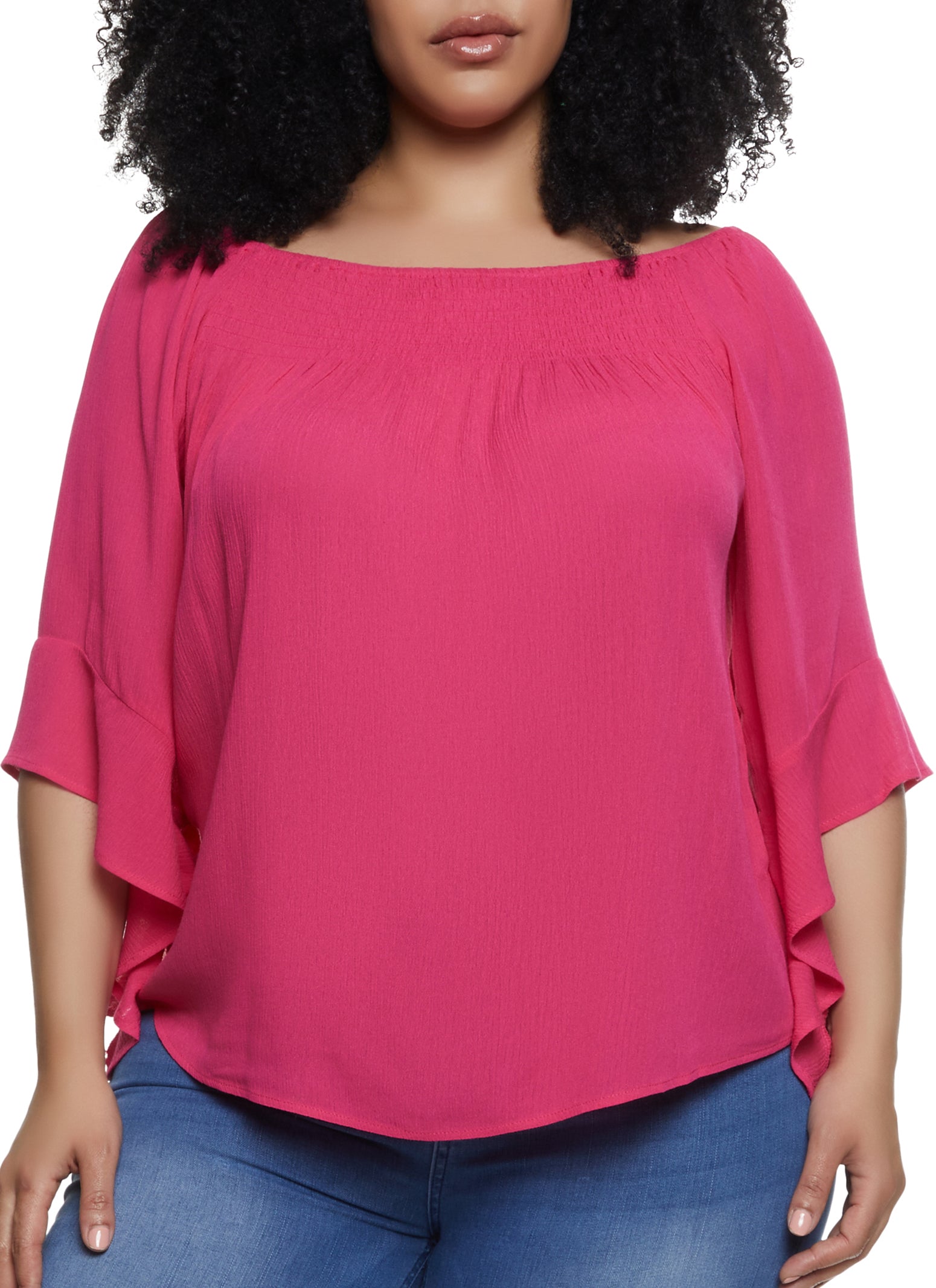 Plus Size Smocked Boat Neck Bell Sleeve Top