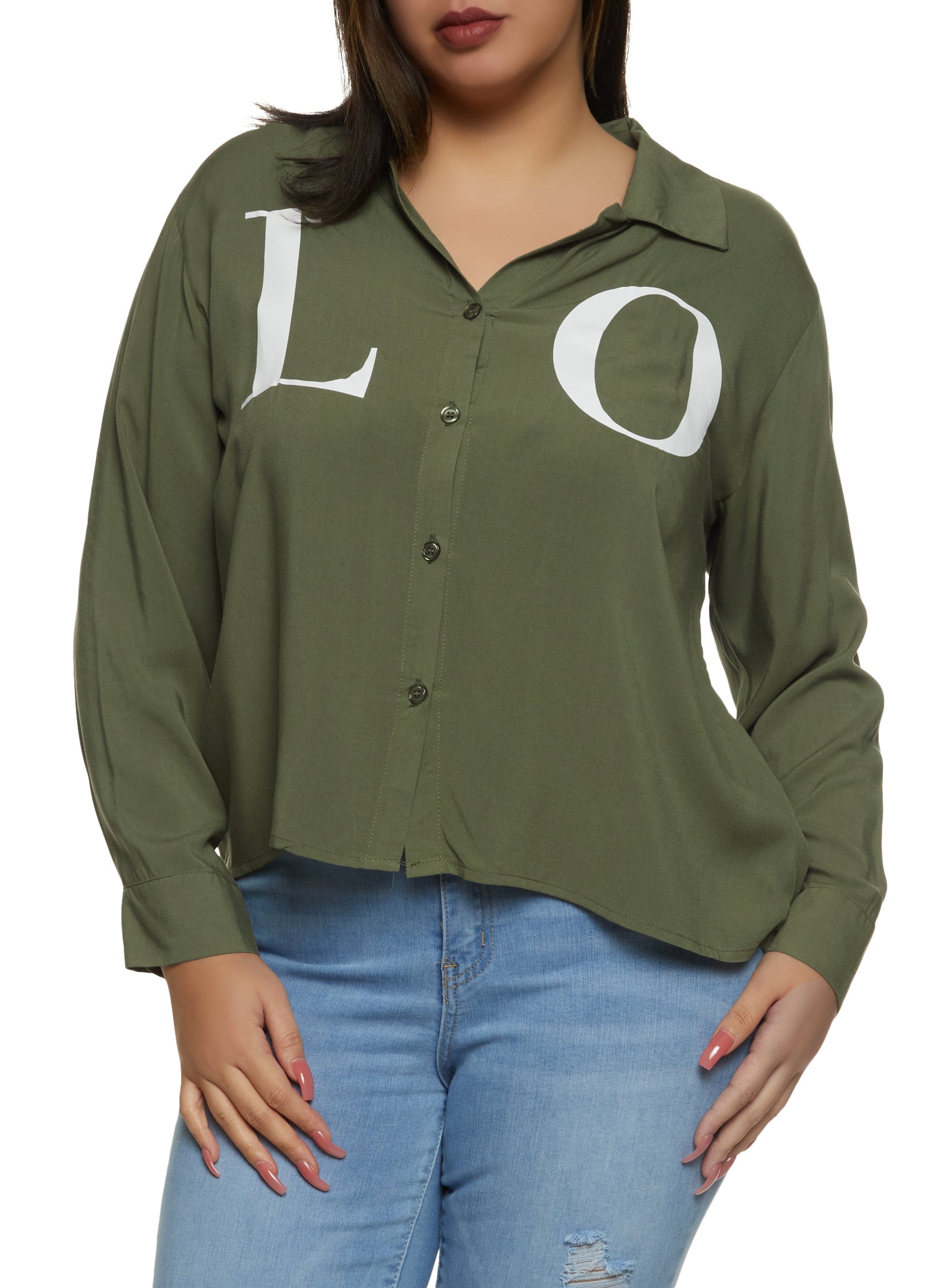 Plus Size Love Graphic Button Down Shirt