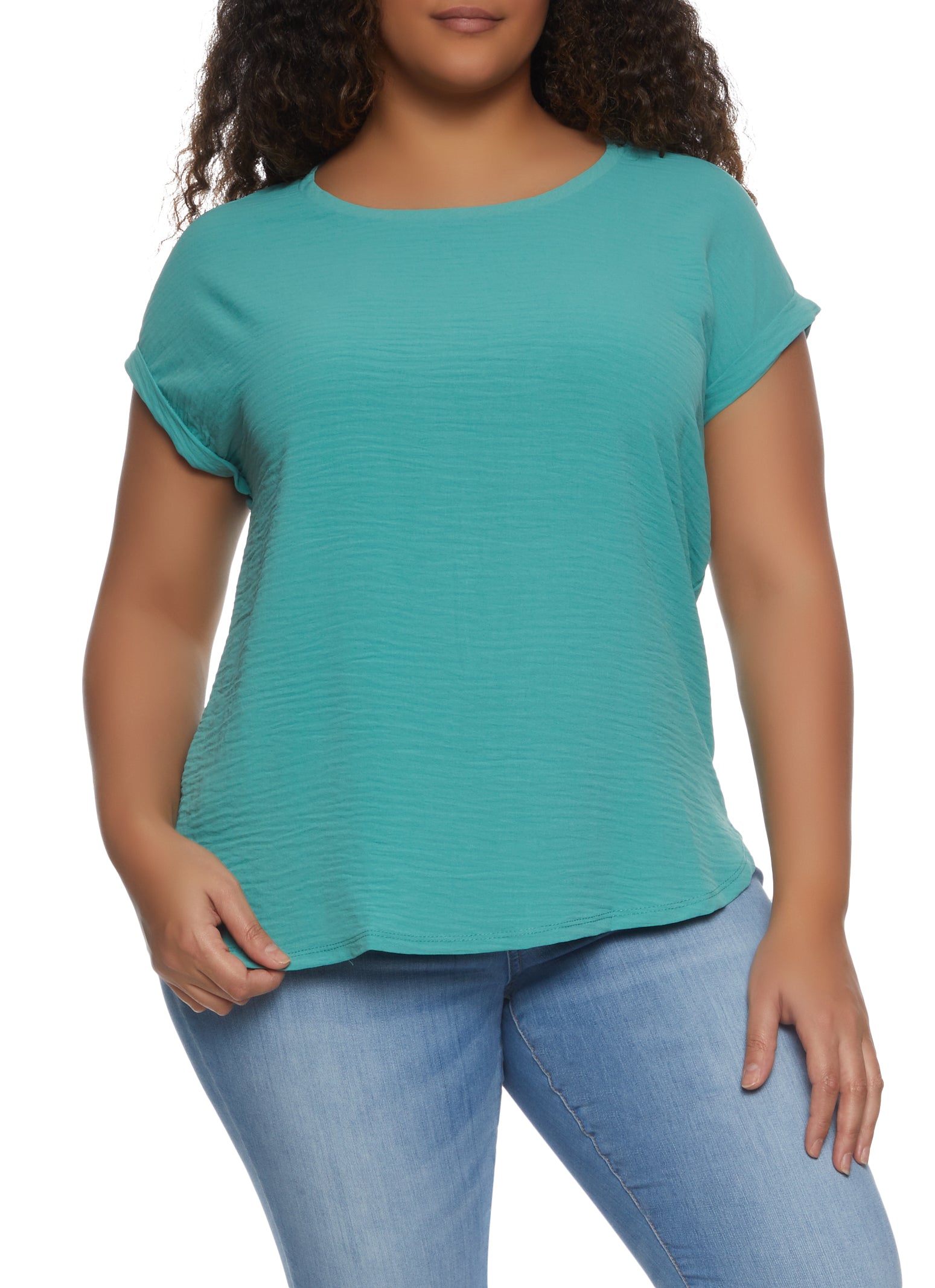 Plus Size Airy Fixed Cuff Neck Tee - Green
