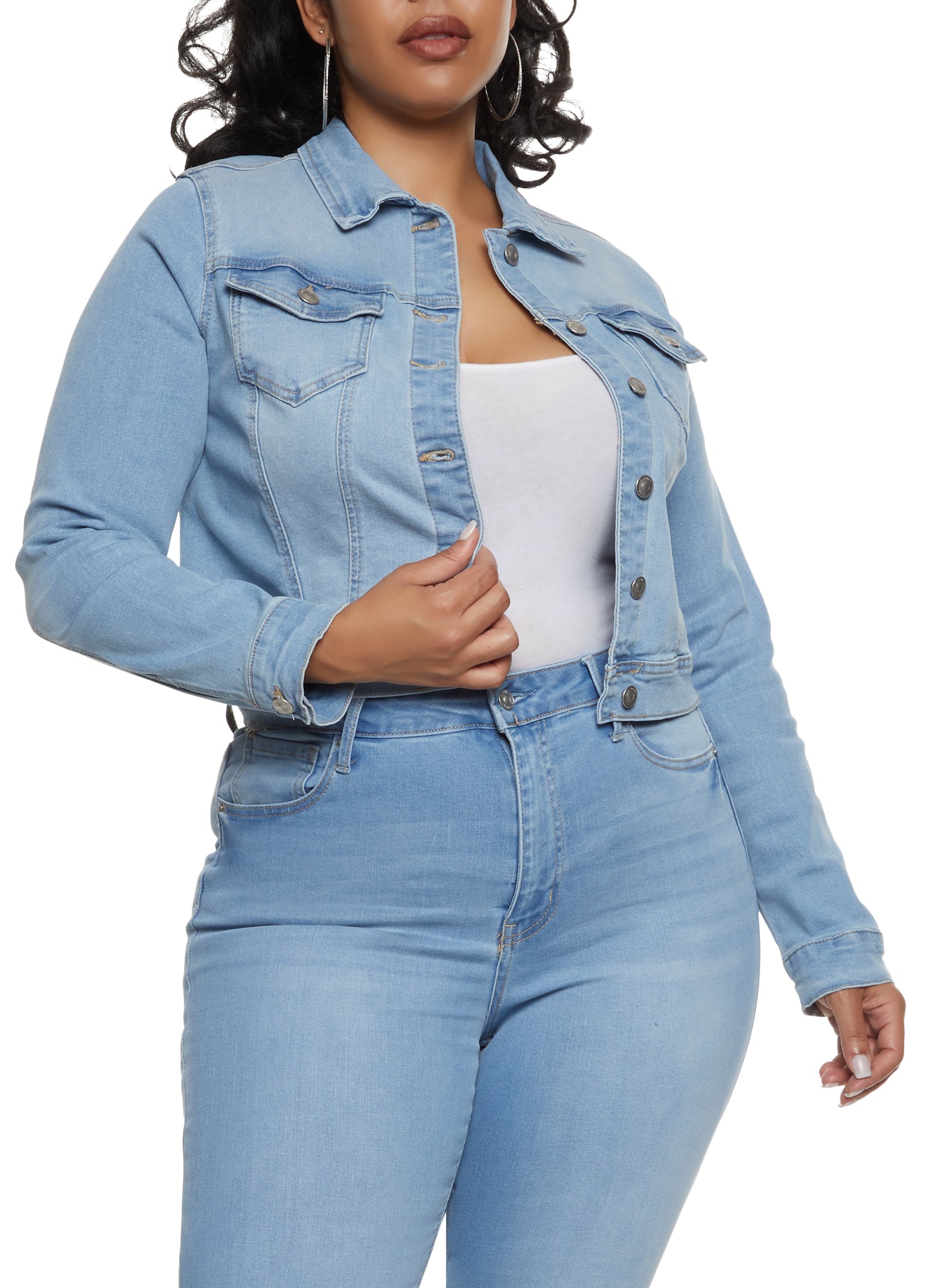 Women's Light Blue Wash Pocket Front Denim Jacket High Side Bodysuit - Size 10