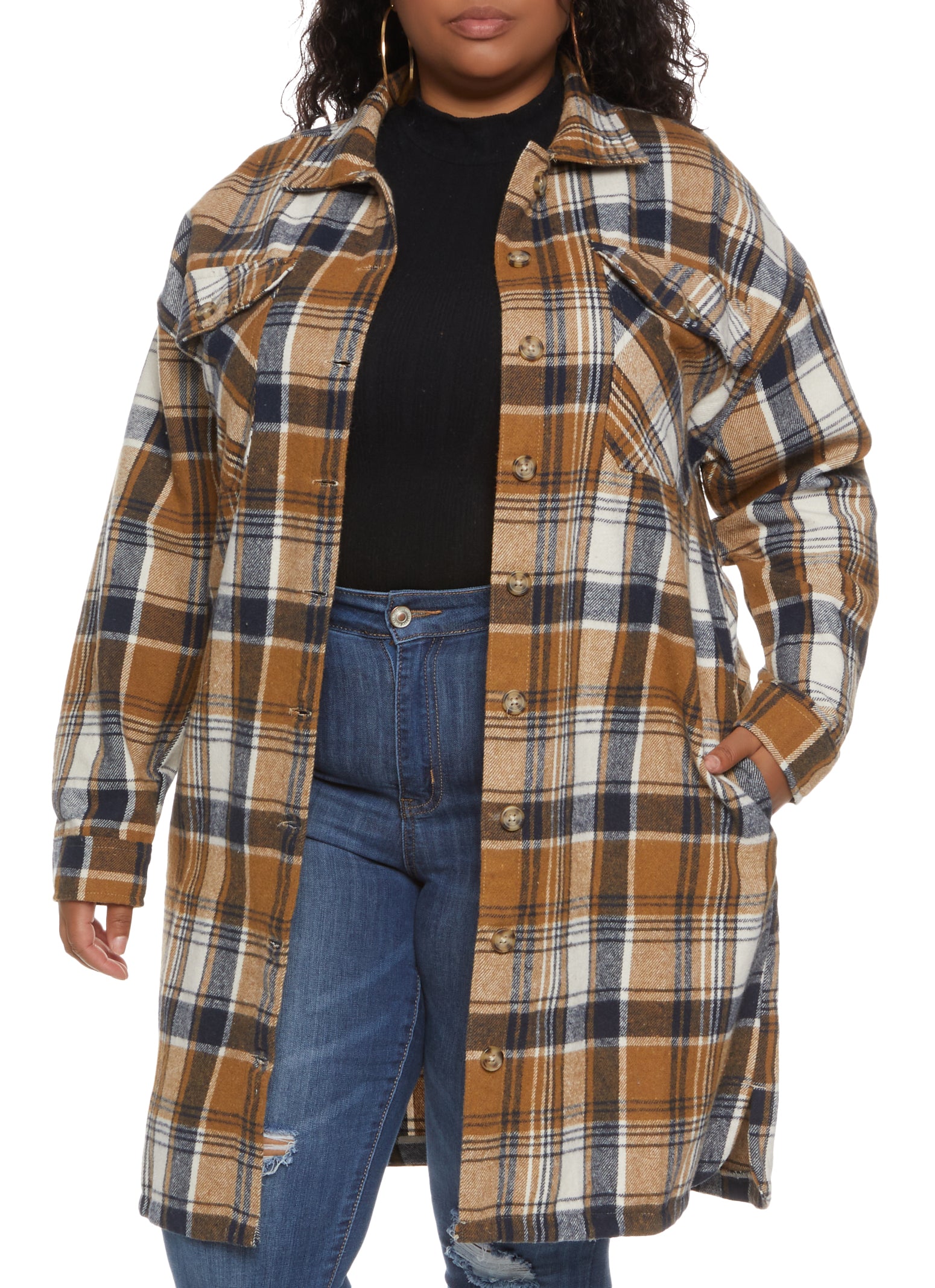 Size Plaid Brushed Knit Long Line Shacket - Camel