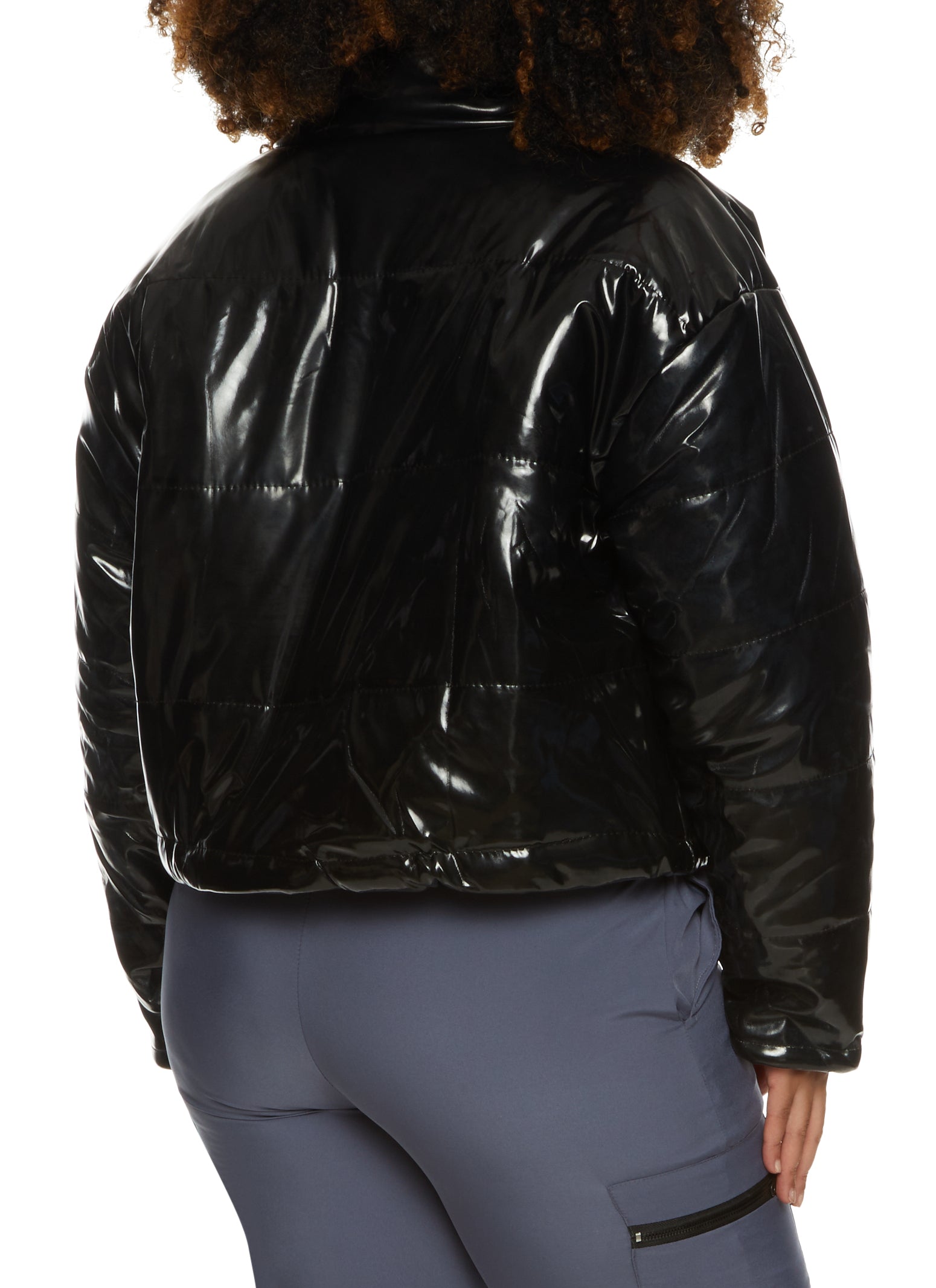 Plus Size Faux Patent Leather Puffer Jacket