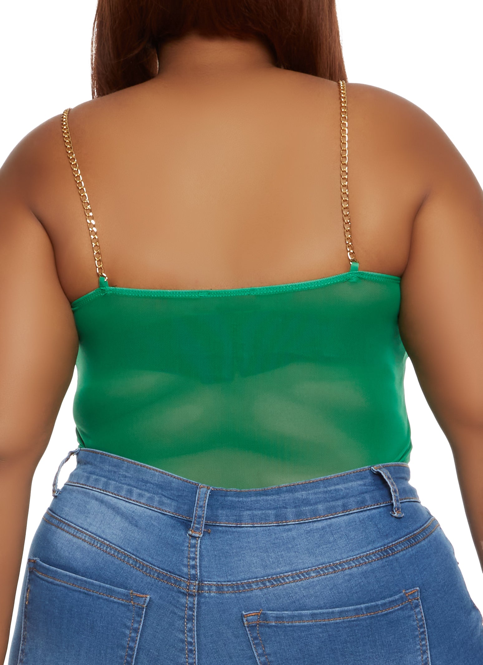 Plus Size Mesh Chain Strap Caged Bodysuit